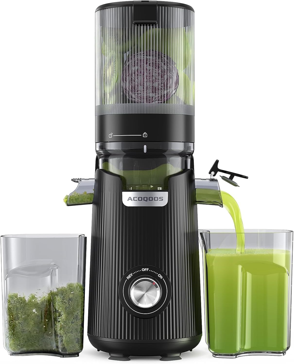 ACOQOOS Entsafter, Entsafter für ganzes Gemüse und Obst, 135 mm Breite und größeres Einfüllrohr, 1,8 l Fassungsvermögen, leicht zu reinigender Slow Juicer mit 2 Gläsern, elektrischer Entsafter, schwarz