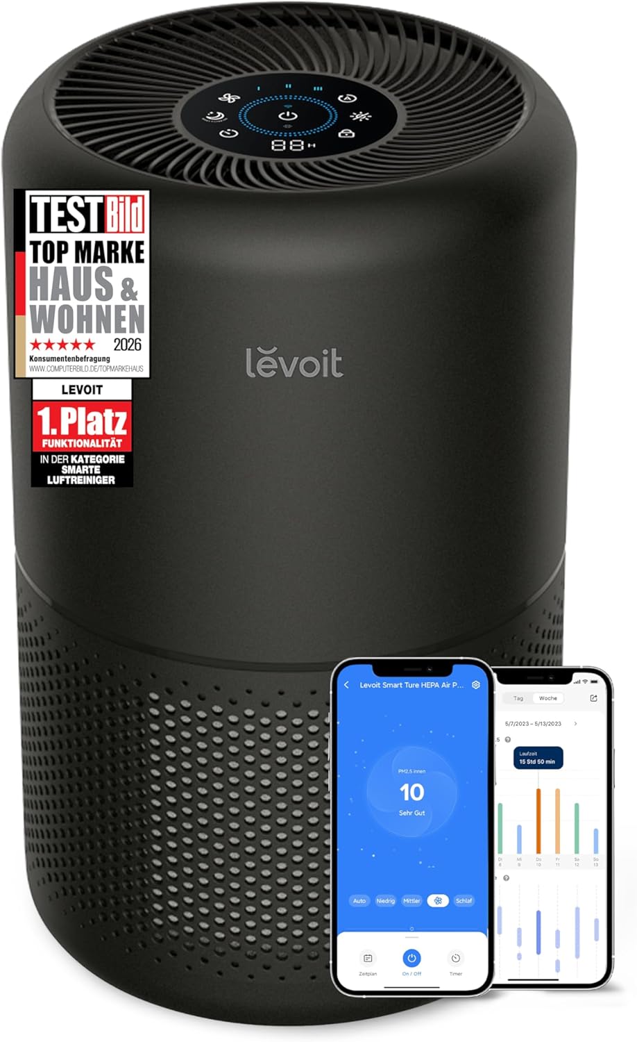 Levoit Luftreiniger mit HEPA-Luftfilter, CADR 258 m³/h für bis zu 54 ㎡ Raucherzimmer, 99,97 Prozent Schimmelstaub, Pollen, Tierhaare, Luftreiniger mit Luftqualitätsanzeige und Auto- und Schlafmodus, Schwarz
