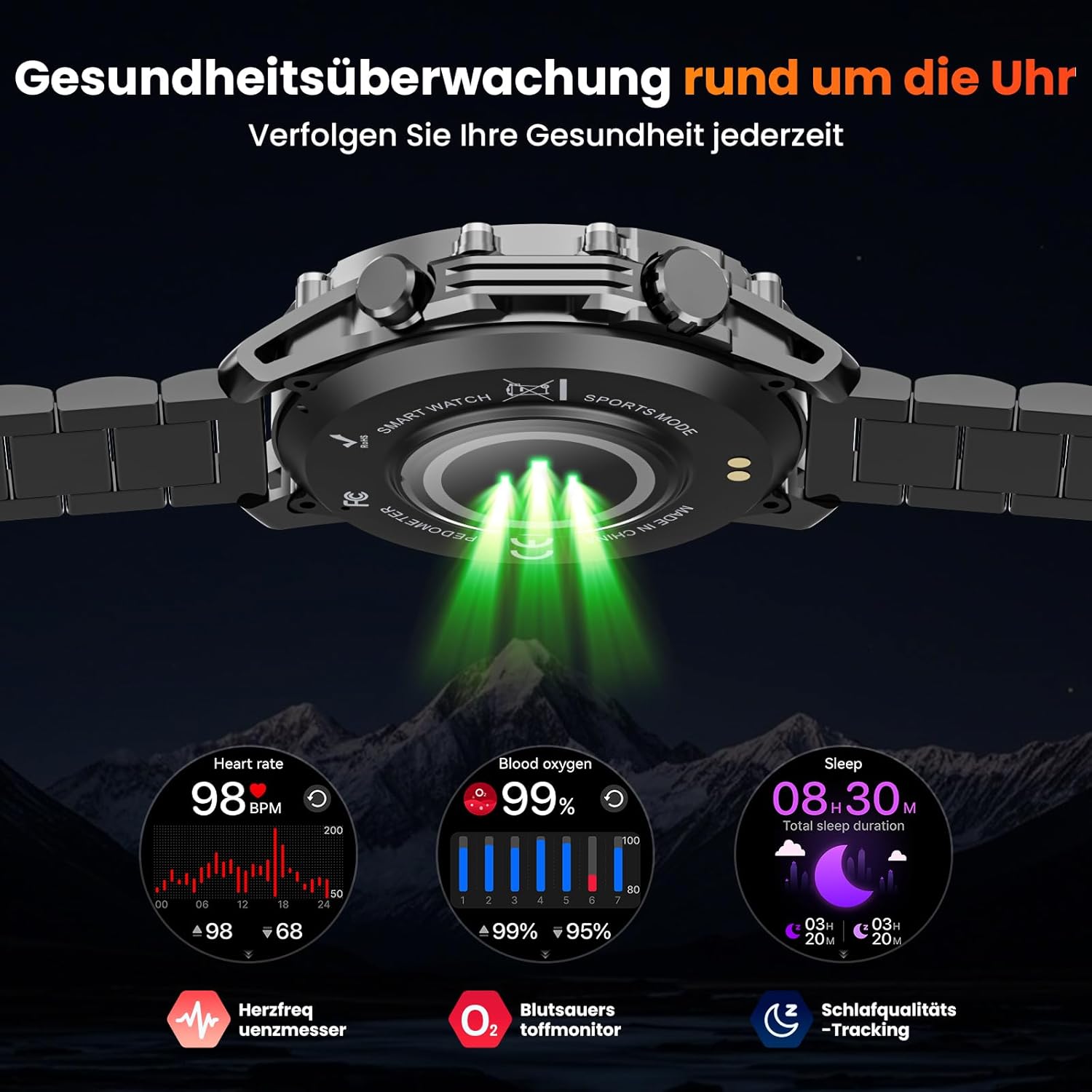 Herren Smartwatch 1,52 Zoll HD Smart Watch mit 500 mAh langer Akkulaufzeit, 114+ Sportmodi, Fitnessuhr im Militärstil mit Herzfrequenz/Schrittzähler/Schlafmonitor/Taschenlampe, Android iOS Herrenuhren – Bild 4