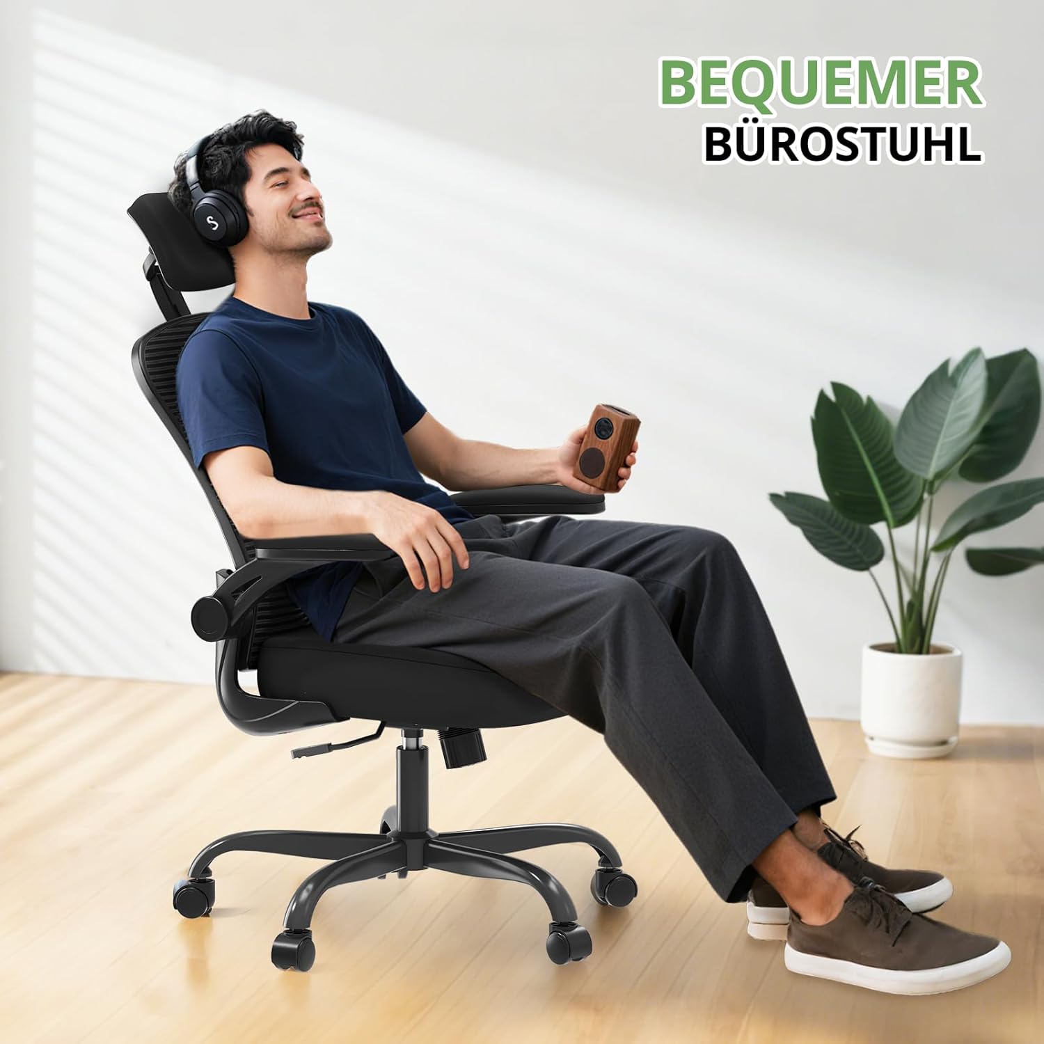 Synorla Bürostuhl, Langzeitkomfort, Schreibtischstuhl mit hoher Rückenlehne für den Heim-/Bürogebrauch, 360° drehbarer Gaming-Stuhl mit um 90° hochklappbaren Armlehnen und verstellbarer Lendenwirbelstütze, Schwarz – Bild 7
