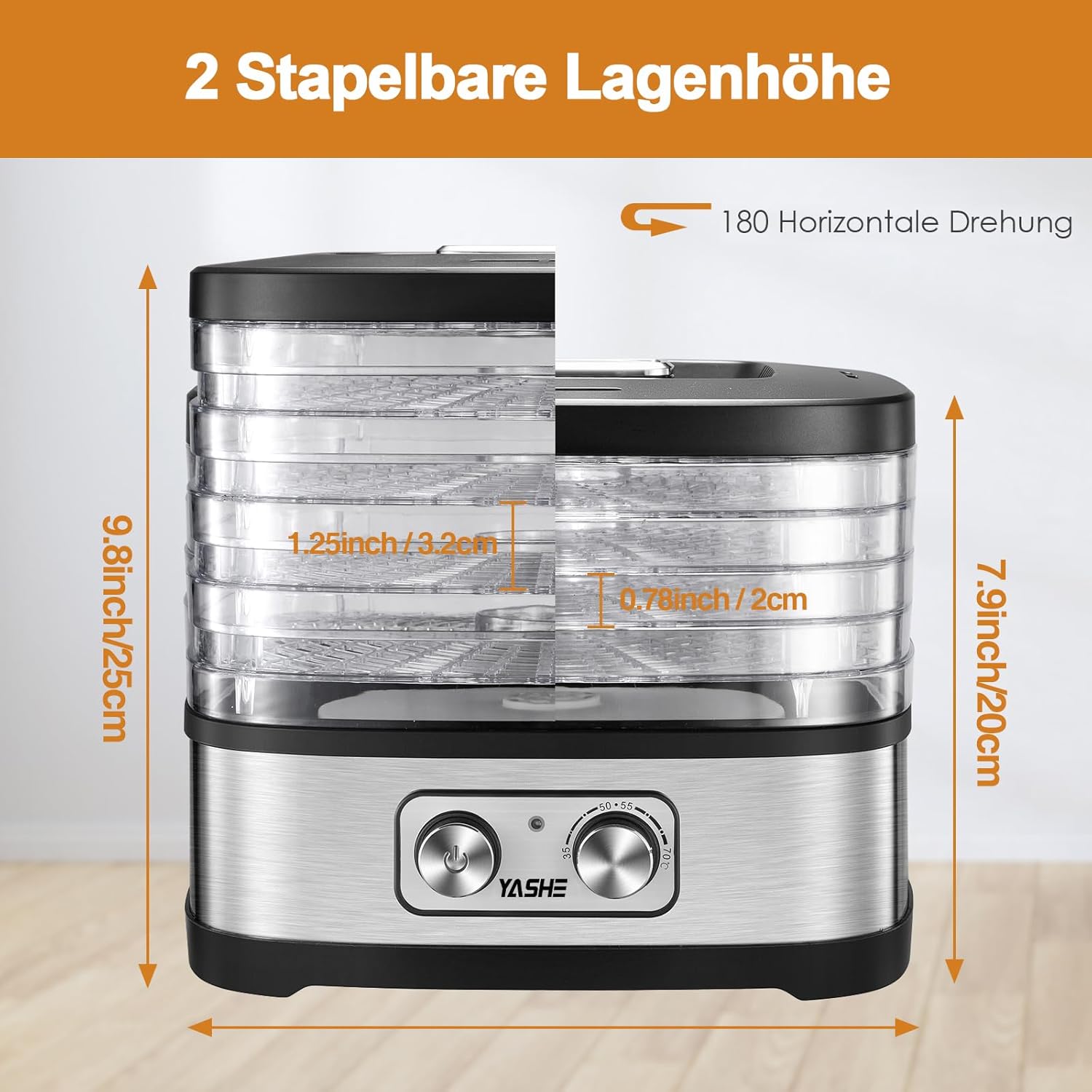 YASHE GGJ-261A Dörrgerät mit 5 höhenverstellbaren Tabletts, Temperaturregelung von 35–70 °C, 240 Watt Dörrgerät für Obst und Gemüse, BPA-frei, Silber, transparent, schwarz – Bild 5