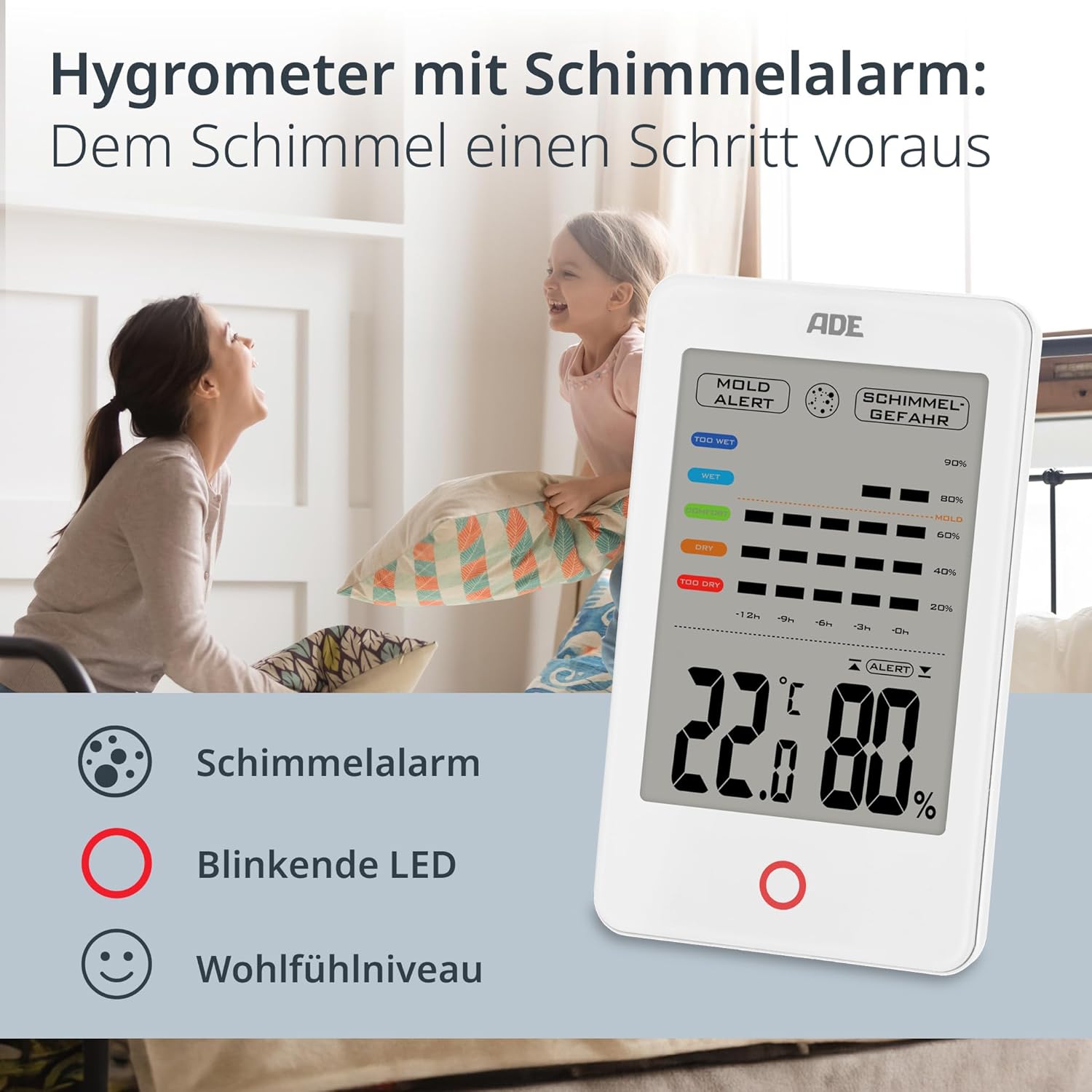 ADE Digitales Hygrometer für den Innenbereich mit Schimmelalarm | Feuchtigkeitsmesser mit Thermometer | Temperatur- und Luftfeuchtigkeitsmesser | Großes LCD-Display | Weiß – Bild 2