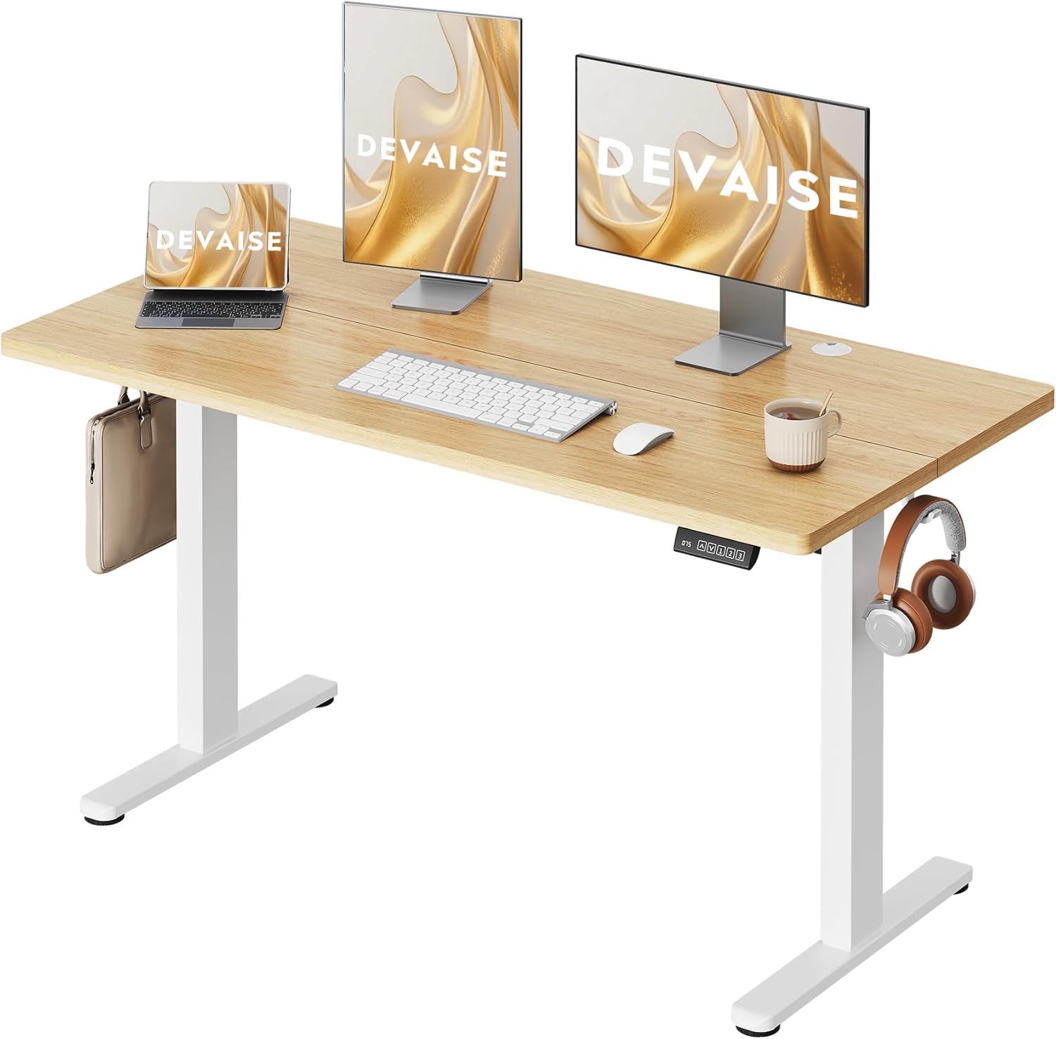 DEVAISE Höhenverstellbarer Schreibtisch, 140 x 70 cm, mit leisem Motor und Memory-Funktion für 3 Höhen, Sitz-Steh-Schreibtisch, Höhenverstellung 72-118 cm, ergonomischer Computertisch für Büro, Farbe Eiche
