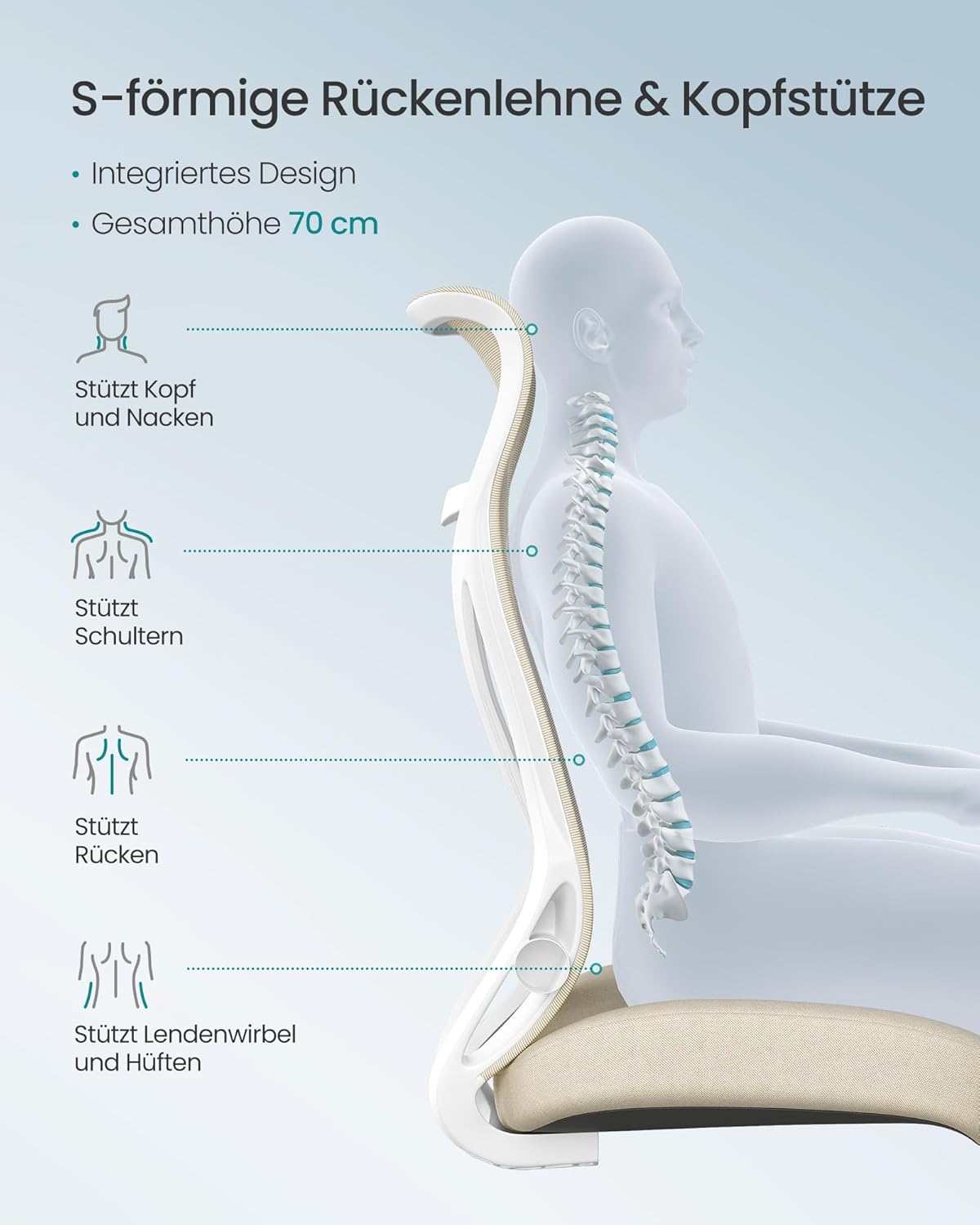 SONGMICS OBN088K01 Bürostuhl, ergonomische Rückenlehne, höhenverstellbar, hochklappbare Armlehnen, drehbarer Schreibtischstuhl mit Kopfstütze, belastbar bis 150 kg, Cappuccino Beige – Bild 5