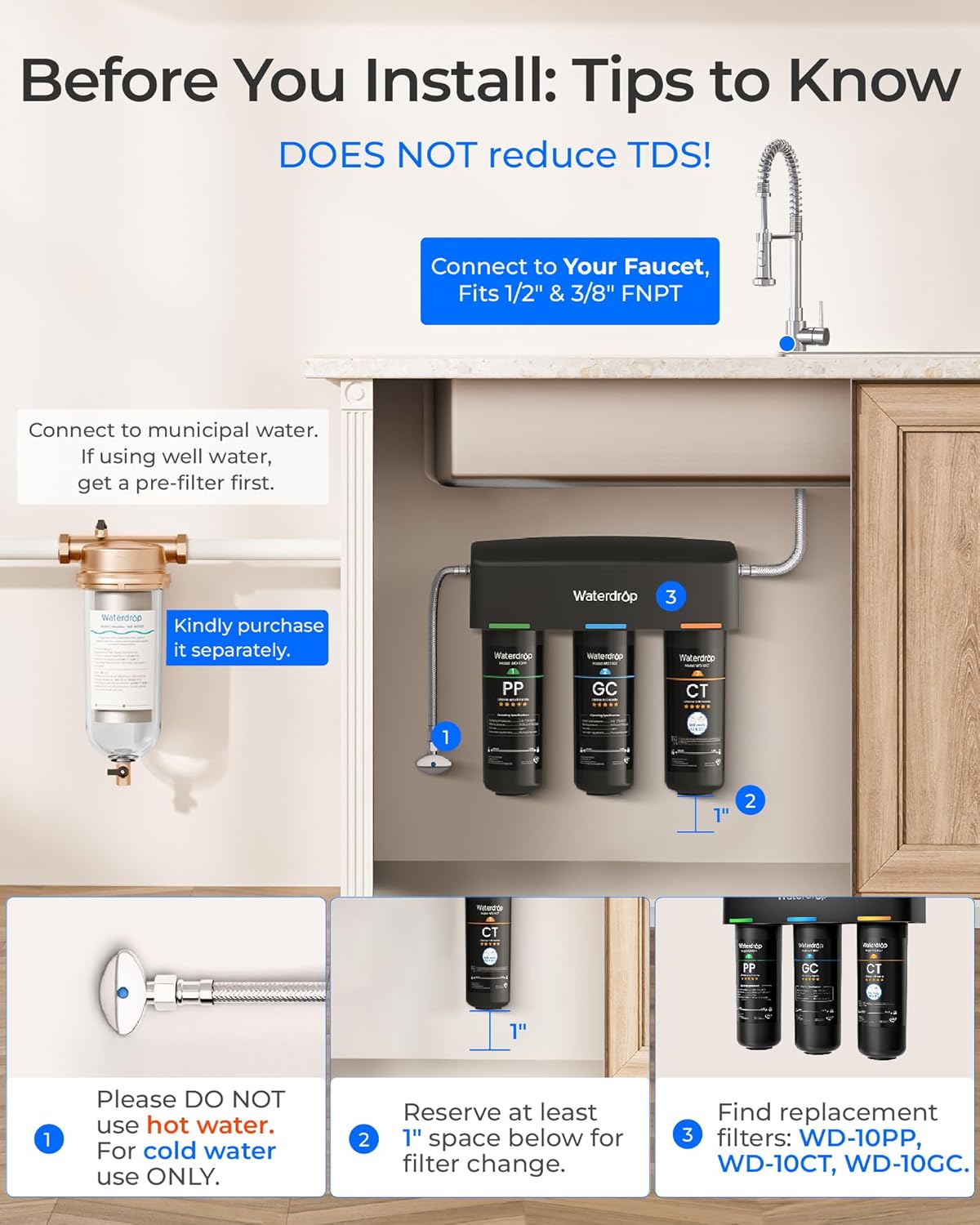 Waterdrop TSA Untertisch-Wasserfiltersystem, 3-stufiger 0,5-Mikron-Wasserfilter für Trinkwasser, NSF/ANSI 42-zertifiziert, entfernt 99,99 % Blei, Chlor, Chloramin, Fluorid, Gerüche, Direktanschluss – Bild 3