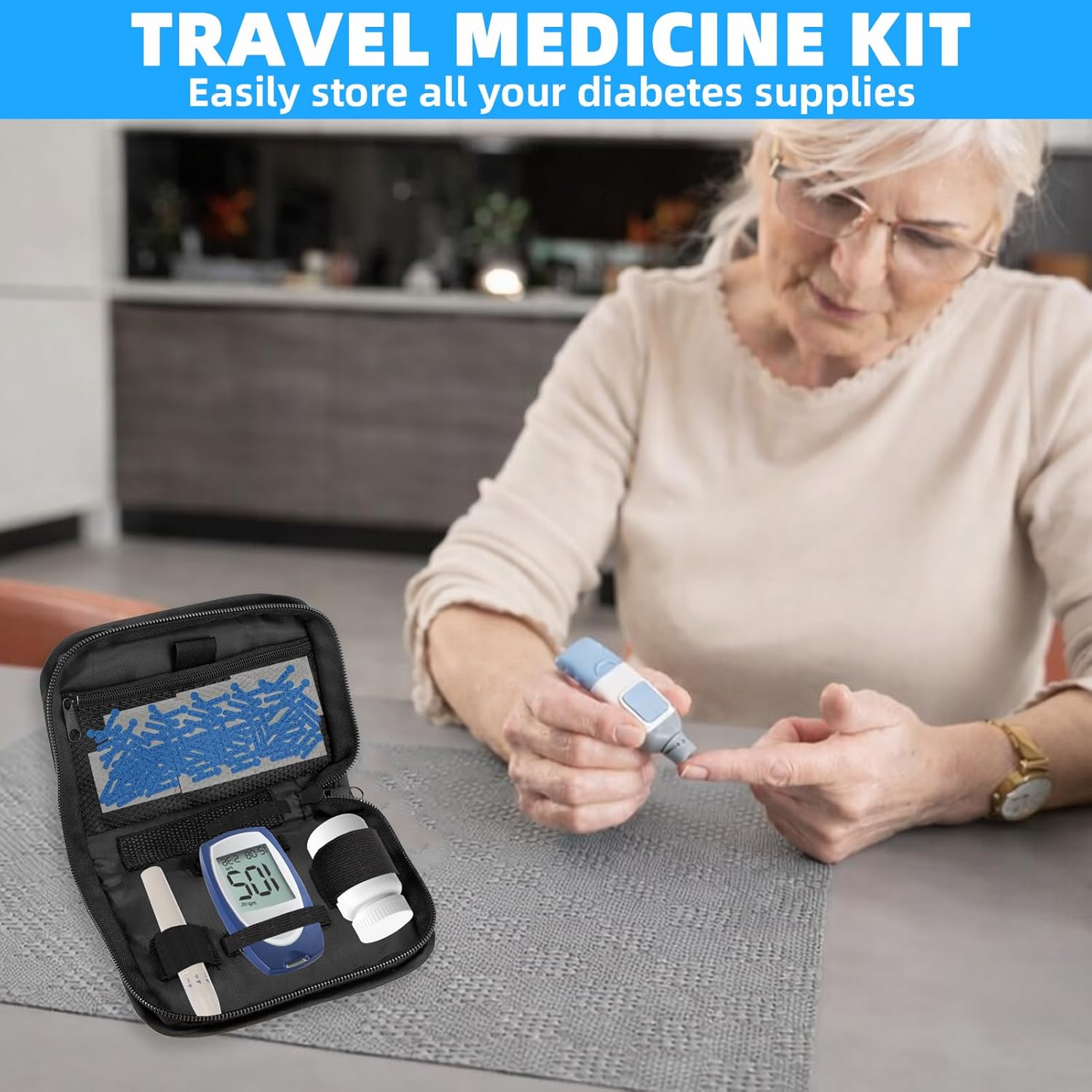 Diabetiker Tasche, Diabetes-Versorgungskoffer, Diabetes Tasche für Blutzuckermessgerät, Teststreifen, Spritzen, Nadeln; Organizer für Diabetiker, Diabetiker Zubehör (Schwarz), Nur Kartons. – Bild 5