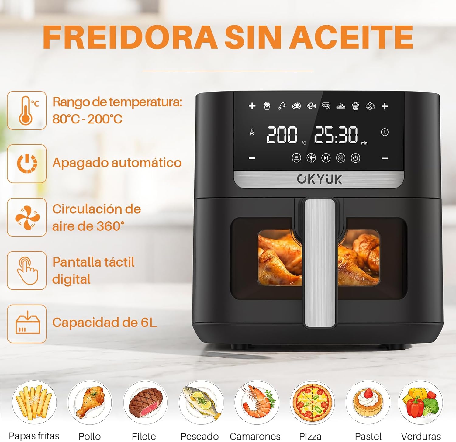 OKYUK Heißluftfritteuse 6L Airfryer XL - 1200W Fritteuse ohne Öl mit Metallinnenraum | Heißluftfritteuse, Heißluftfritteuse, 8 Programme, digitales LED-Display, Timer, benutzerfreundlich, 80–200 °C – Bild 3