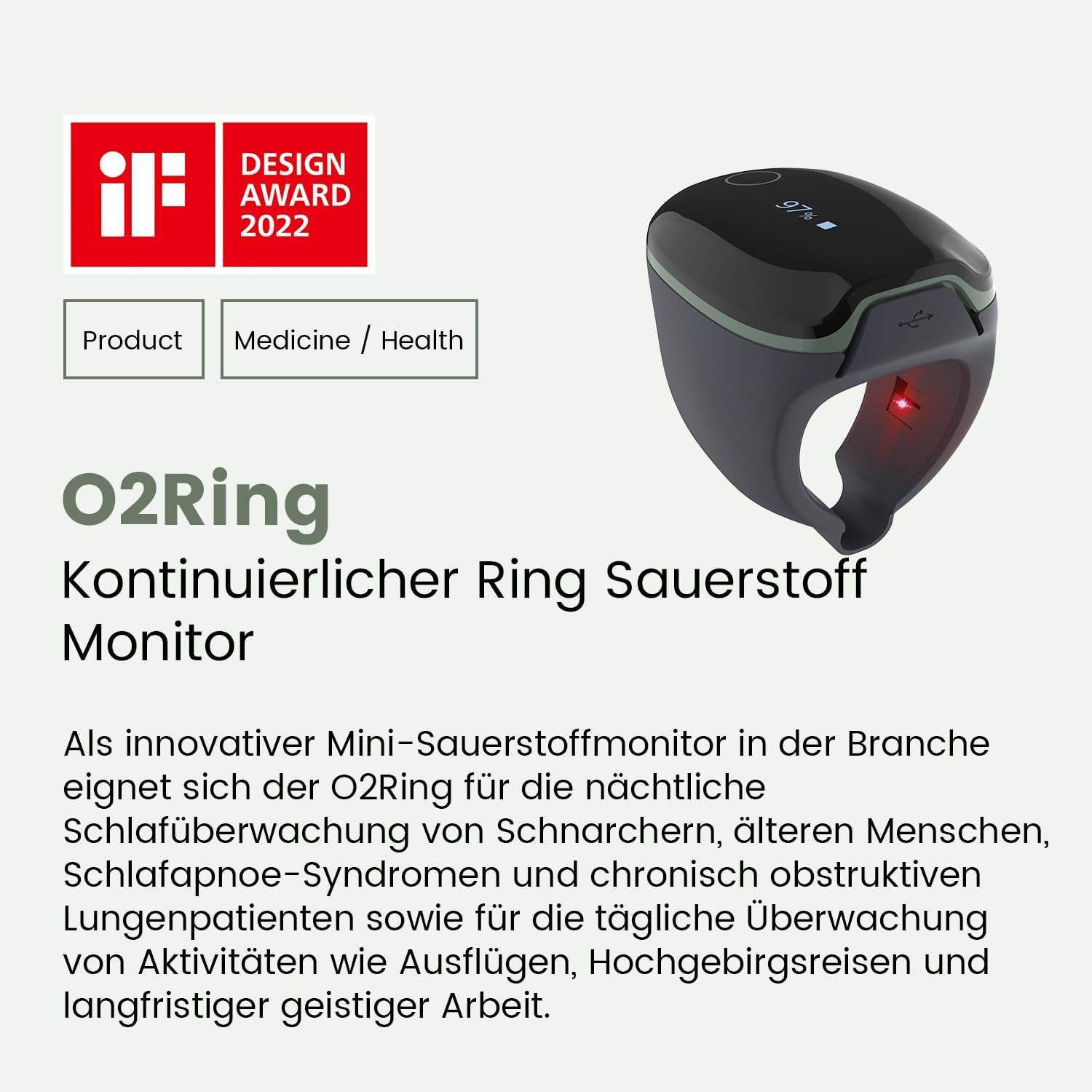 ViATOM O2ring Bluetooth Oximeter, Pulsoximeter Fingertip für kontinuierliche Überwachung Nachts, Schlafoximeter zur Messung von SpO2 & Herzfrequenz (Erweiterte Funktionen) – Bild 8