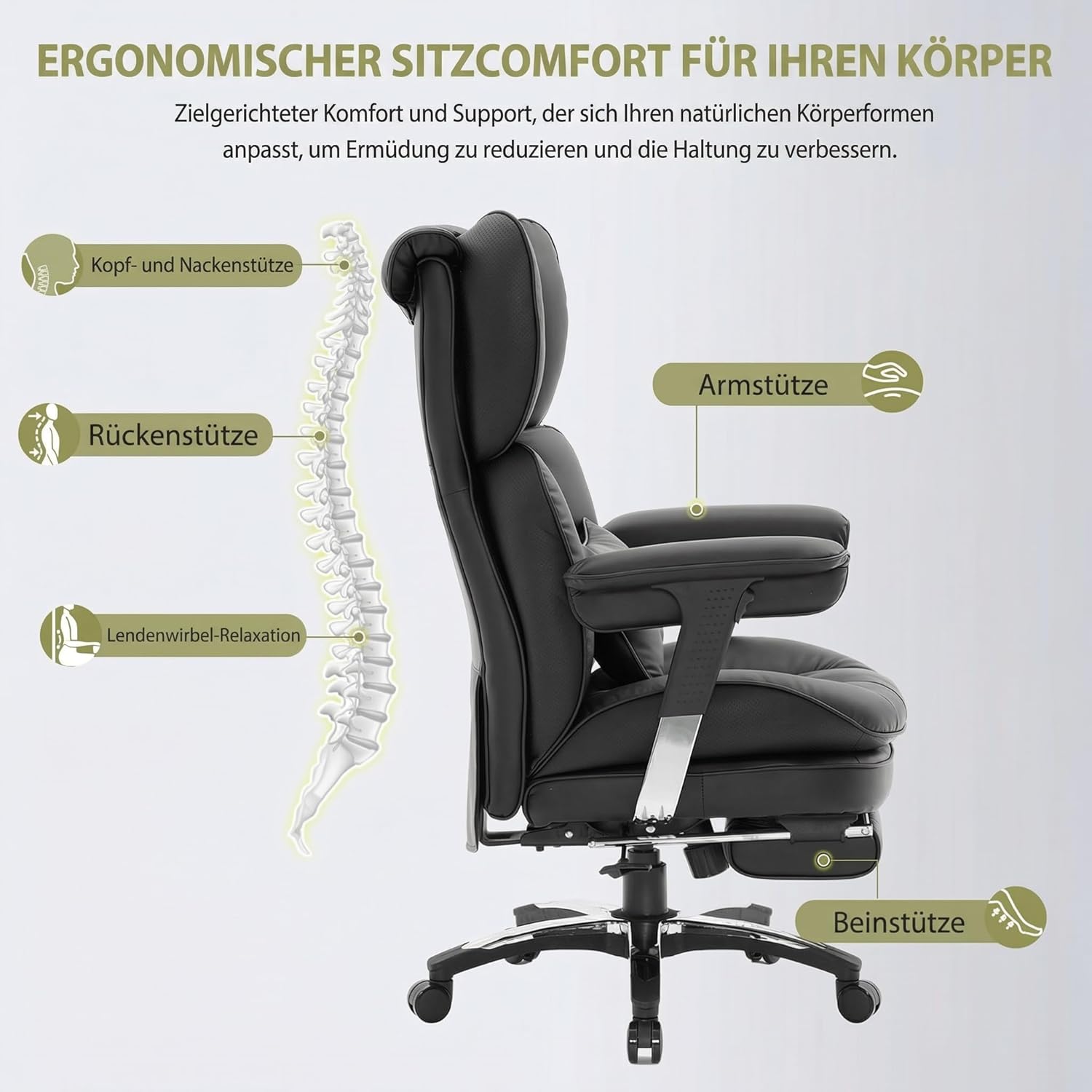 Efomao Bürostuhl, Ergonomischer Gaming-Stuhl mit Kopfstützen-Design (XX), Gamer-Stuhl PU-Leder bis 200 kg mit Fußstütze und Lendenkissen, höhenverstellbarer Schreibtischstuhl – Bild 4