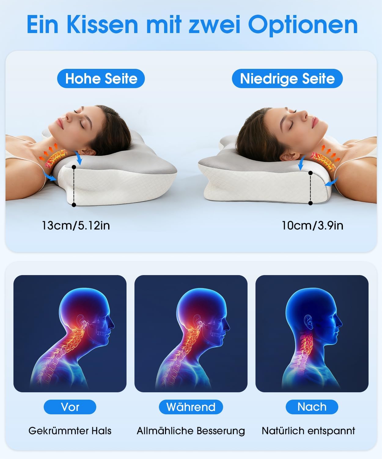 EASICUTI Nackenkissen, ergonomisches Kissen mit 2 kühlenden, waschbaren Bezügen, Memory-Schaum-Nackenstützkissen, Schmetterlingskissen für Seiten-, Rücken- und Bauchschläfer, 2 Höhenstufen – Bild 5