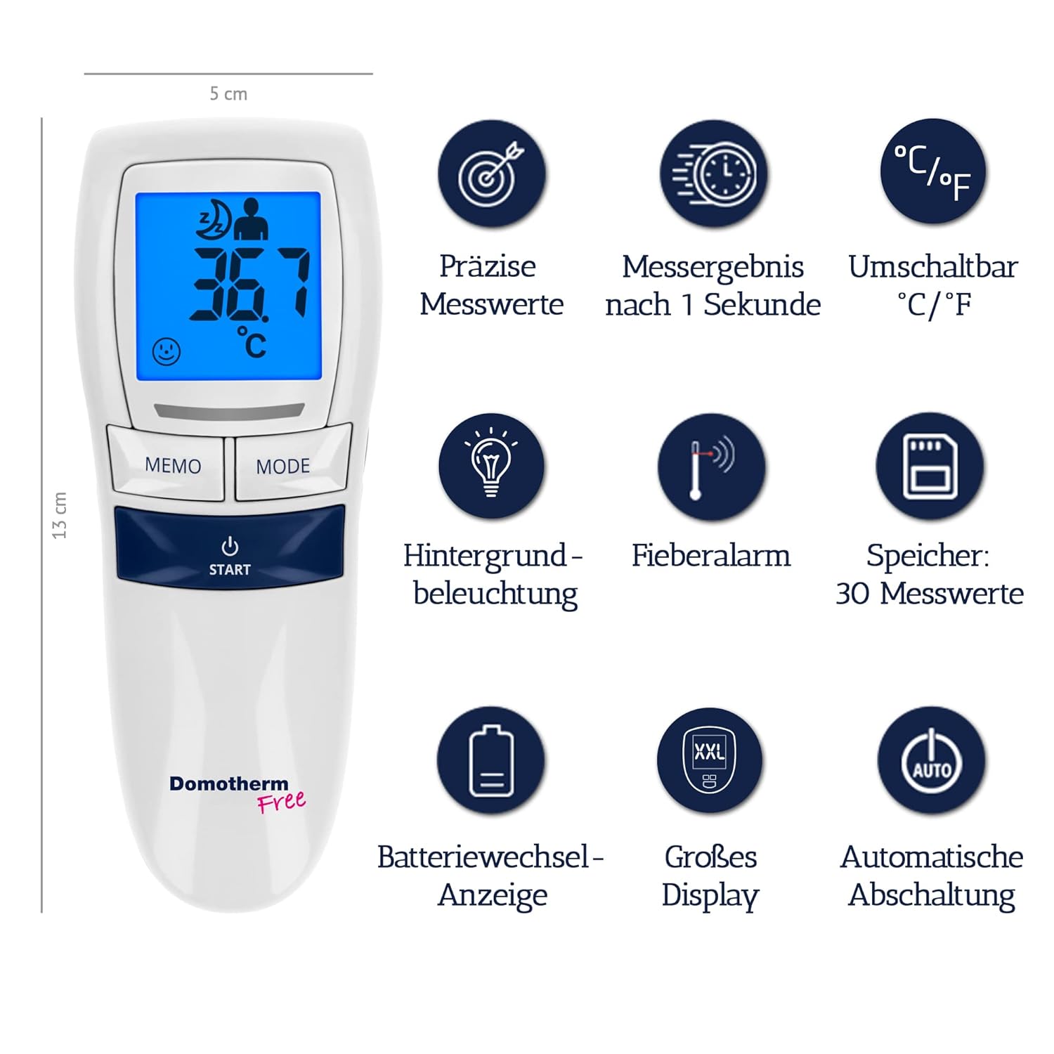 Domotherm Free Fieberthermometer, kontaktloses Infrarot-Thermometer, Baby, Kinder, Erwachsene, Stirnthermometer, Messung in 1 Sekunde – Bild 4