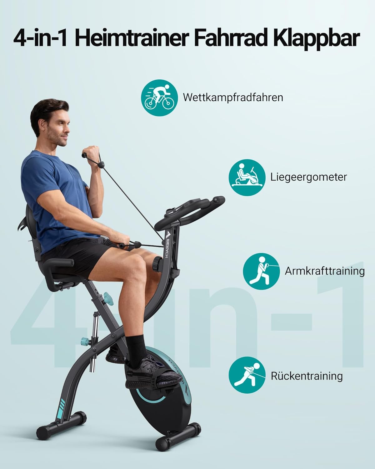 MERACH 4-in-1-Heimtrainer mit eigener Trainings-App, leises Heimtrainer-Fahrrad, 16-facher magnetischer Widerstand, LCD-Display, Handpulsmessung, faltbarer Heimtrainer, bequemer Sitz, Widerstandsband – Bild 8
