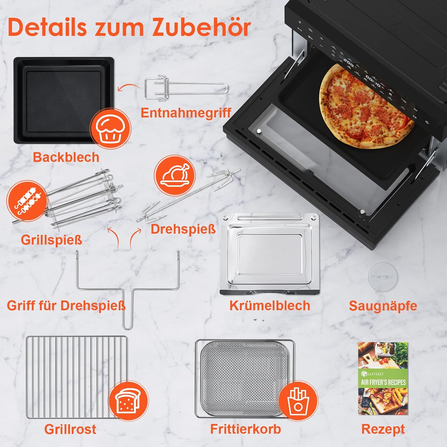 LLIVEKIT 30 L XXL Heißluftfritteuse, Mini-Ofen Konvektionsluft mit 20 Programmen und 9 Zubehörteilen, Mini-Ofen mit LED-Touchscreen, Airfryer-Ofen ohne Öl mit Sichtfenster, zwei Kochmodi, Rezeptbuch, 80 °C – 230 °C – Bild 6