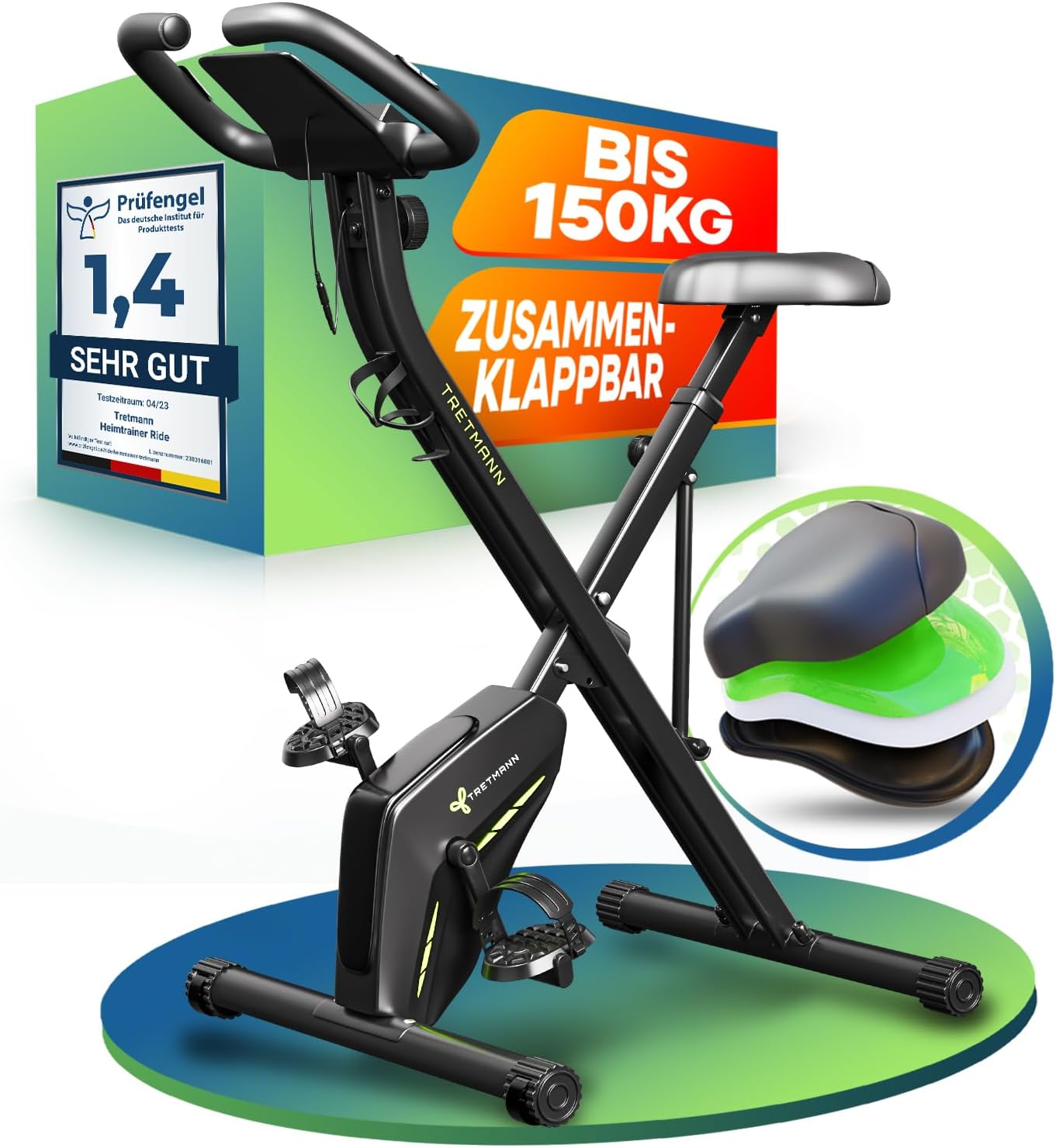 Tretmann Heimtrainer Fahrrad Klappset extra bequem & leise RelaxFoam bis 150 kg belastbar Ergometer, Heimtrainer, Ergometer Heimtrainer Senioren, Fitnessbikes