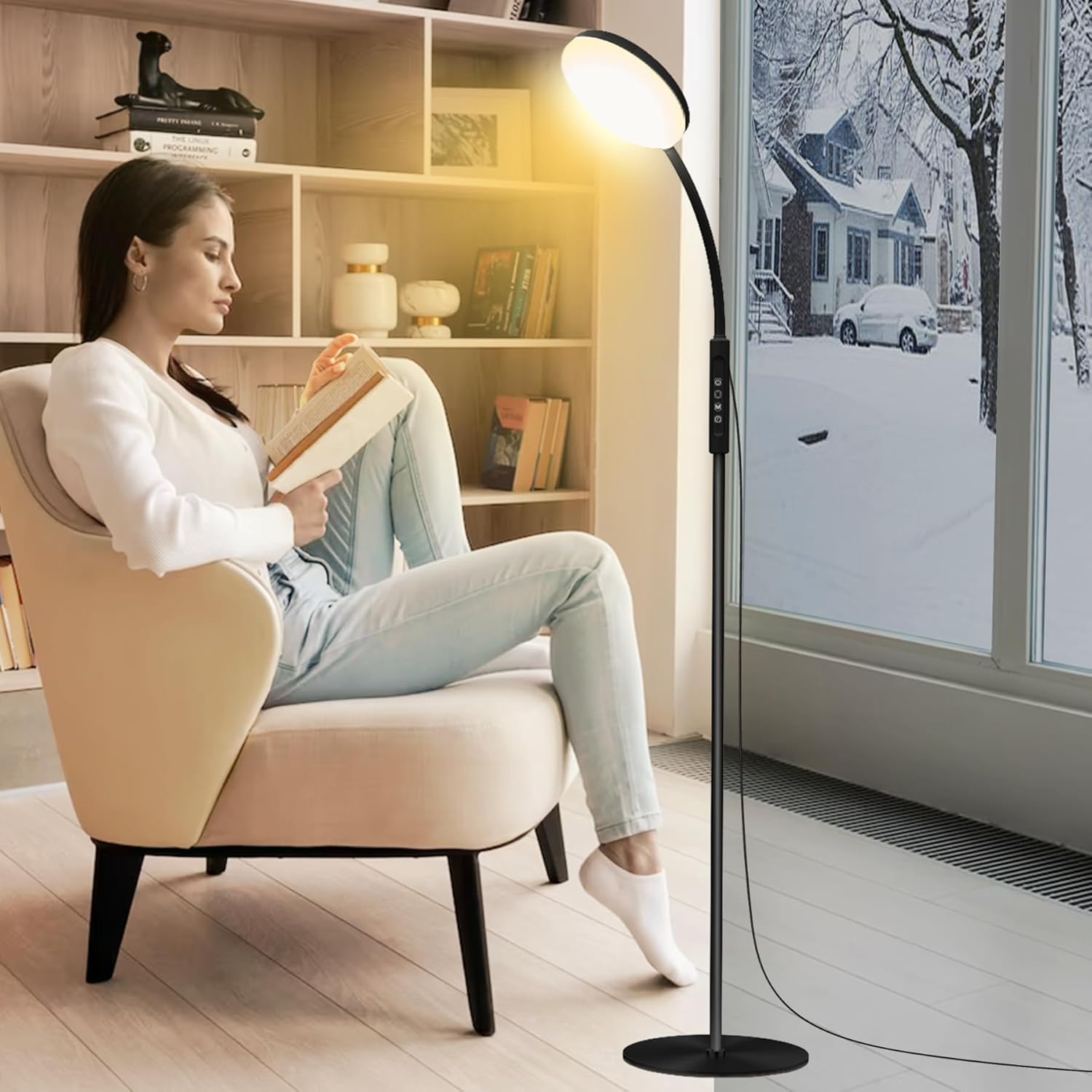 Mojimdo Stehlampe 20000 Lux Tageslichtlampe – Flexible, dimmbare LED-Lichttherapielampe mit 5 Farben, 10 Helligkeitsstufen und Timer – Ideal für Schlafzimmer, Wohnzimmer und Büro – Schwarz – Bild 7