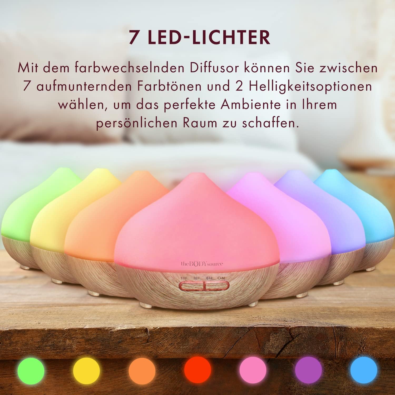 The Body Source 300 ml Ultraschall-Aroma-Diffusor – Luftbefeuchter mit 7-Farben-LED-Licht und Timer – Elektrischer Ölbrenner für ätherische Öle – Aromatherapie für Zuhause, Büro, Spa – Bild 4