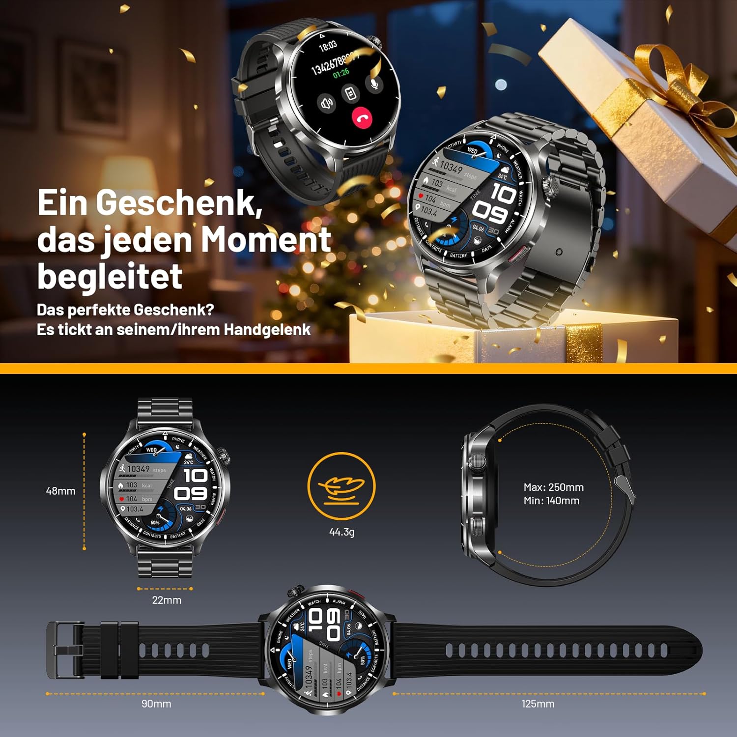 SLOKSFil Smartwatch Herren 1000 mAh Akku/1,52 Zoll HD Touchscreen, mit Bluetooth Anrufen/110+ Sportmodi/24H Herzfrequenz/IP68 Wasserdicht/Schlafmonitor, Schrittzähler, Fitnessuhr, Android iOS (Schwarz) – Bild 7