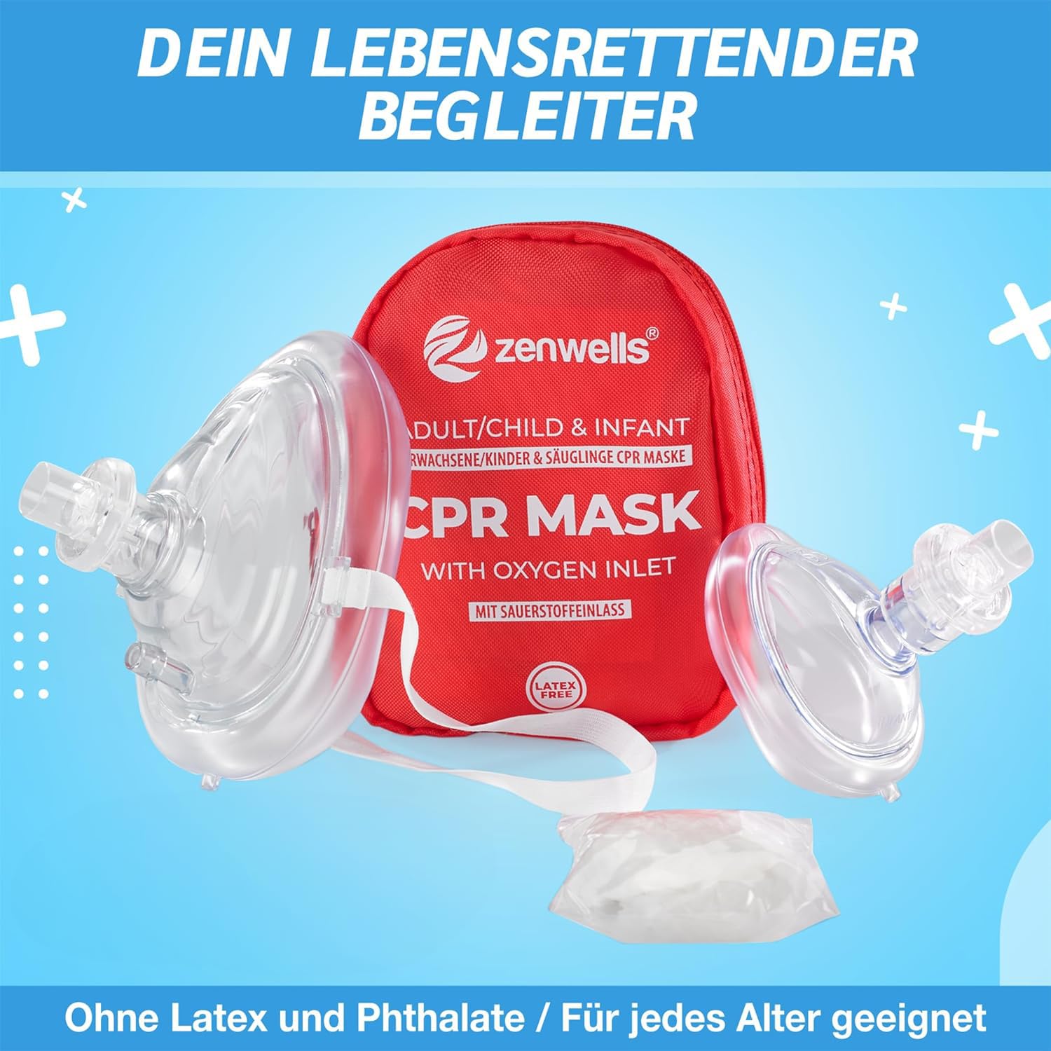 CPR-Atemmasken-Erste-Hilfe-Set für Erwachsene/Kinder und Kleinkinder – Taschenmaske im Softcase (rot) mit Selbstventil und Sauerstoffeinlass – Bild 3