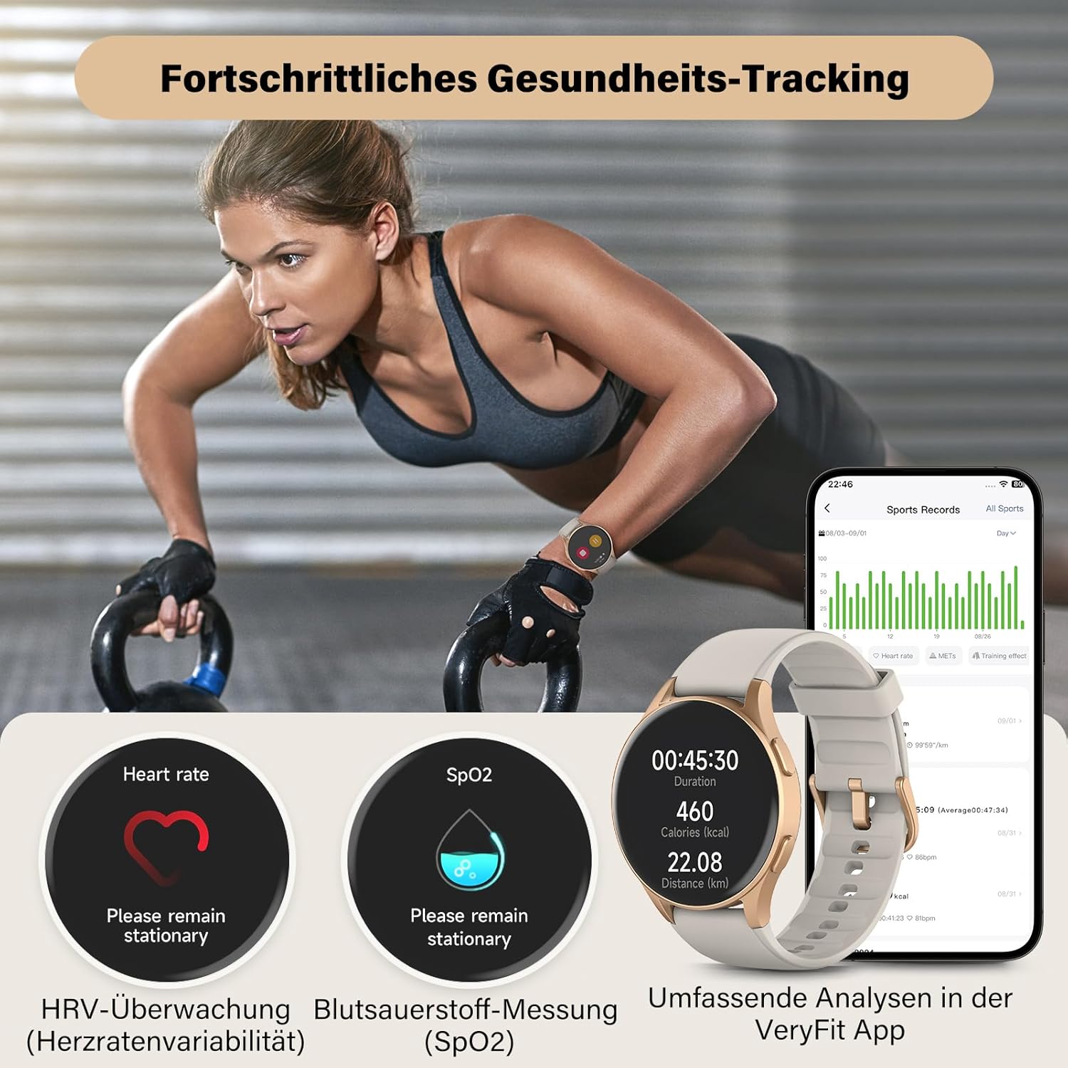 Smartwatch Damen Gold mit Telefonfunktion, 1,32" AMOLED Display Elegant, Fitness Uhr mit Alexa & GPS, SpO2/Puls/Zyklustracking, 5ATM Wasserdicht, Schrittzähler Uhr für Android iOS – Bild 2
