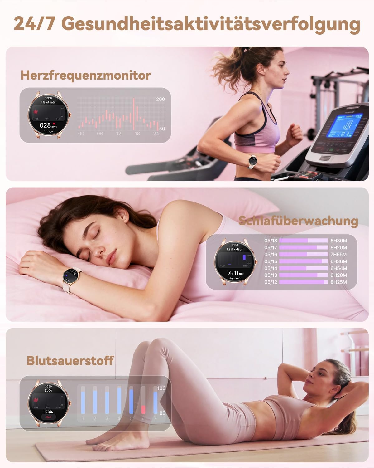 Damen Smartwatch mit Telefonfunktion, 1,32 Zoll AMOLED Display Smartwatch, Fitnessuhr mit Herzfrequenzmesser, SpO2, Schlafmonitor, Schrittzähler, 110+ Sportmodi, Sportuhr für iOS – Bild 4