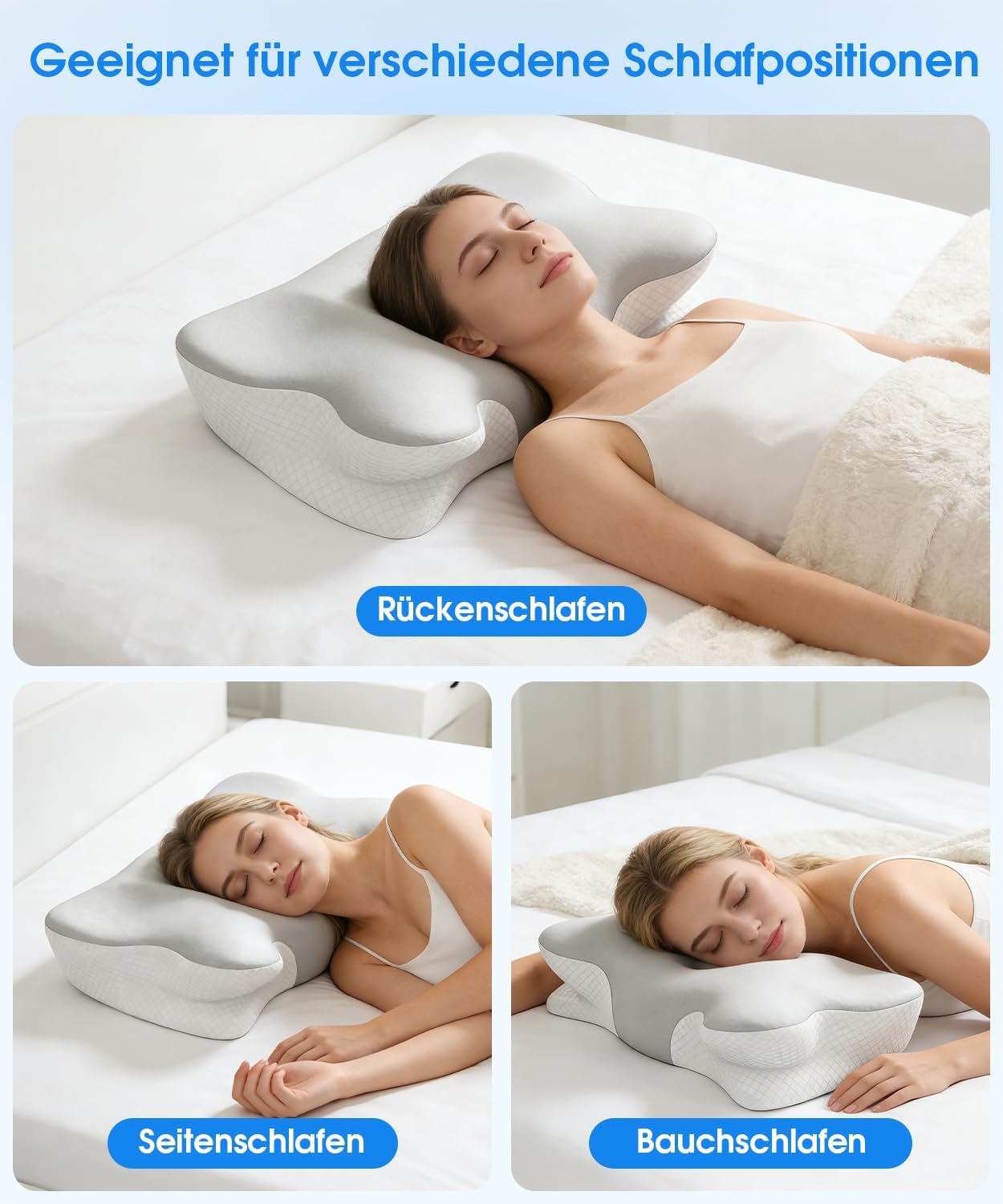 EASICUTI Nackenkissen, ergonomisches Kissen mit 2 kühlenden, waschbaren Bezügen, Memory-Schaum-Nackenstützkissen, Schmetterlingskissen für Seiten-, Rücken- und Bauchschläfer, 2 Höhenstufen – Bild 8