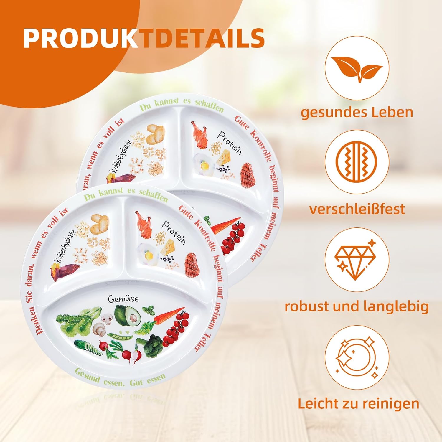 Portionskontrollteller für ausgewogene Ernährung – Teller für gesunde Ernährung für Erwachsene und Jugendliche – Melamin-Unterteilung, Teller zur Gewichtsreduktion, Diabetes (2) – Bild 5