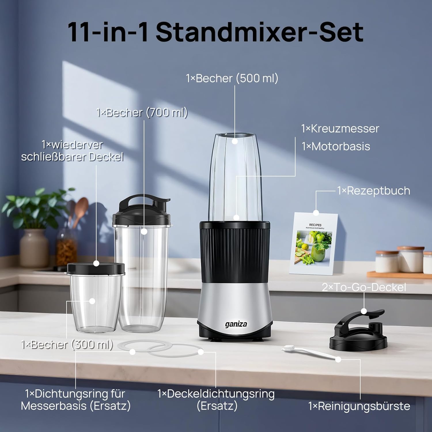 Ganiza Smoothie Maker, 900 W Mini-Standmixer, Mixer mit 25.000 U/min, 3 Tritan-To-Go-Becher (300 ml, 500 ml und 700 ml), 4 asymmetrische Klingen, für jede Art von Shake und Smoothie, Silber/Schwarz – Bild 8