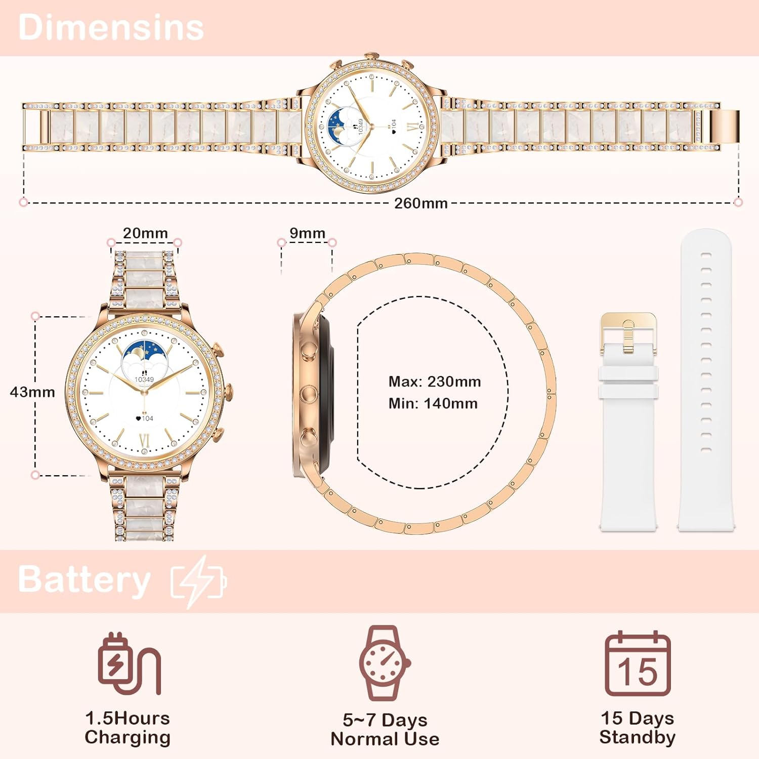ZKCREATION Damen Smartwatch mit Telefonfunktion – Smartwatch Damenuhr mit Anruffunktion, Fitnessuhr mit Schlaf- und Herzfrequenzmesser, Musiksteuerung, 20 Sportmodi, Schrittzähleruhr Damen für Android iOS – Bild 7