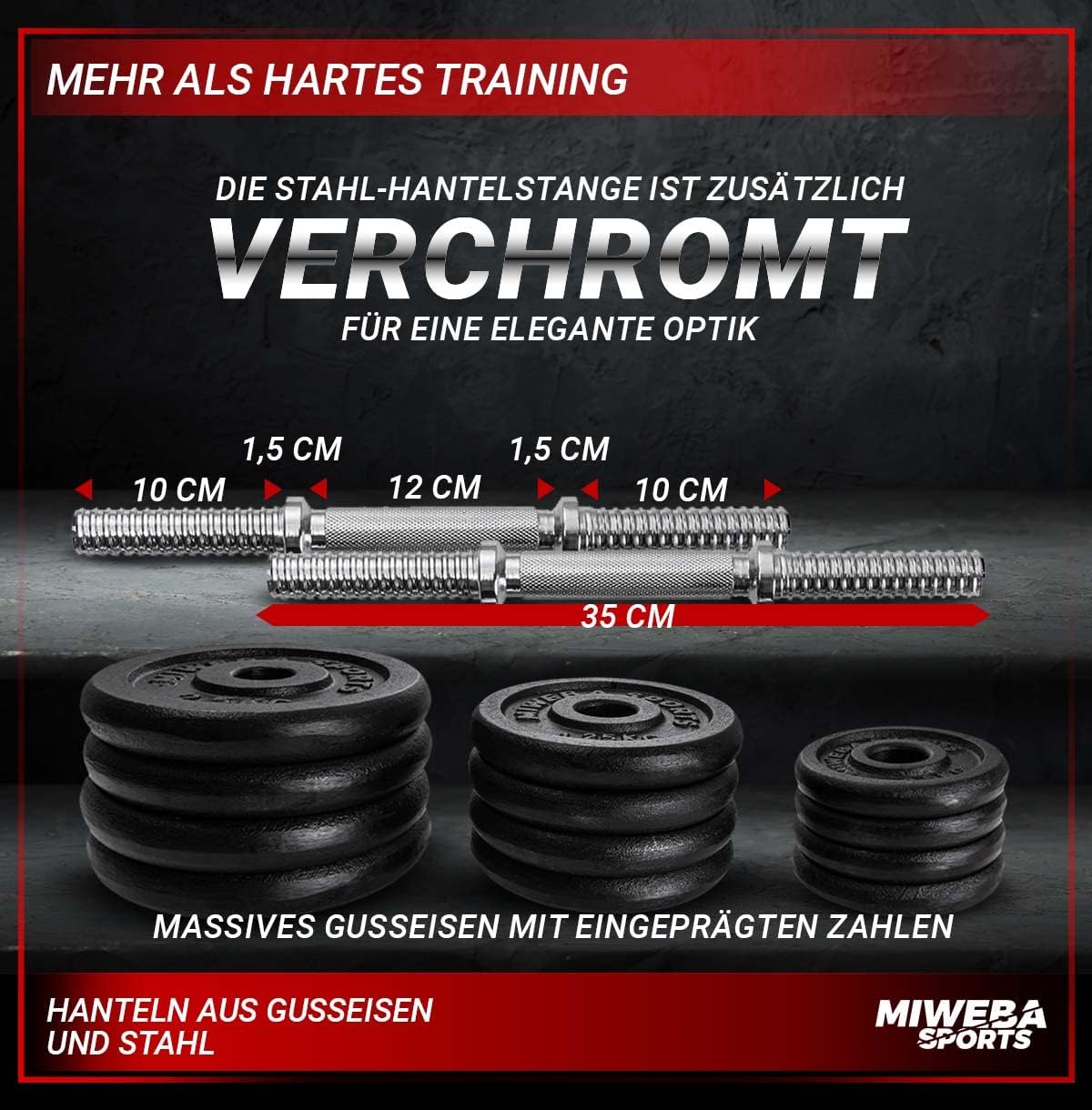 Miweba Sports MKH120 Hantelset | 20 kg – Profi-Hanteln mit Koffer – Damen und Herren – Hantel-Set – Hantelkoffer – Hanteln – Hantelscheiben aus Gusseisen – ergonomischer Griff – Einzelhanteln – Bild 6