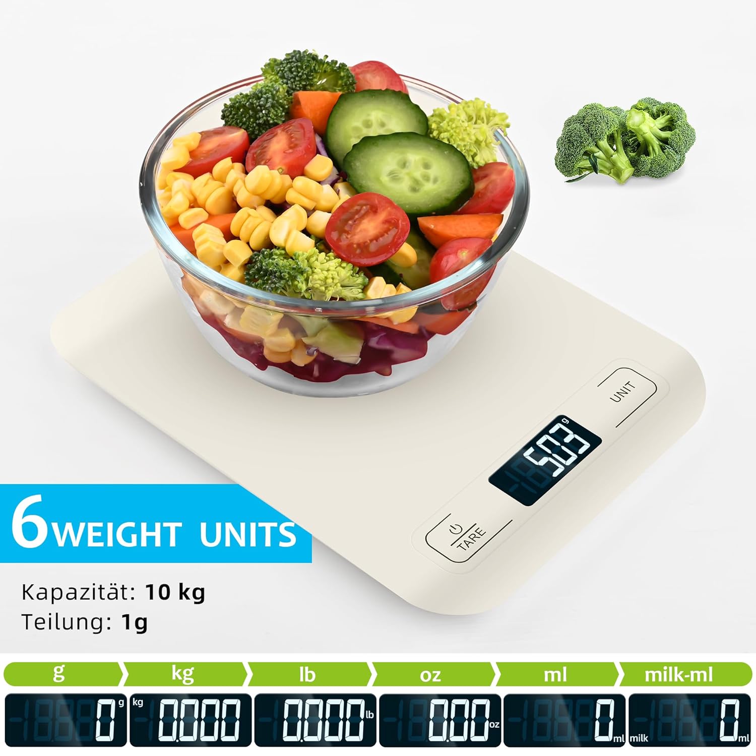 Küchenwaage Digital mit LCD-Display und Tara-Funktion, Präzise 1g Messung zum Backen und Kochen, Weiß – Bild 2