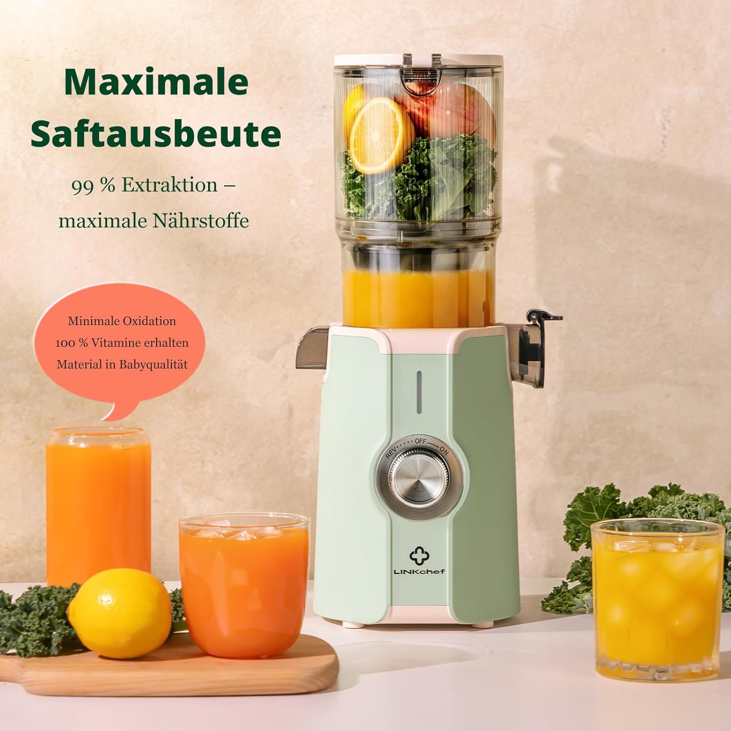 LINKChef Slow Juicer, 115 mm große Einfüllöffnung für Entsafter, Gemüse und Obst, Testsieger, Kaltentsafter 200 W, BPA-frei, leicht zu reinigen und zu montieren, hellgrün – Bild 5