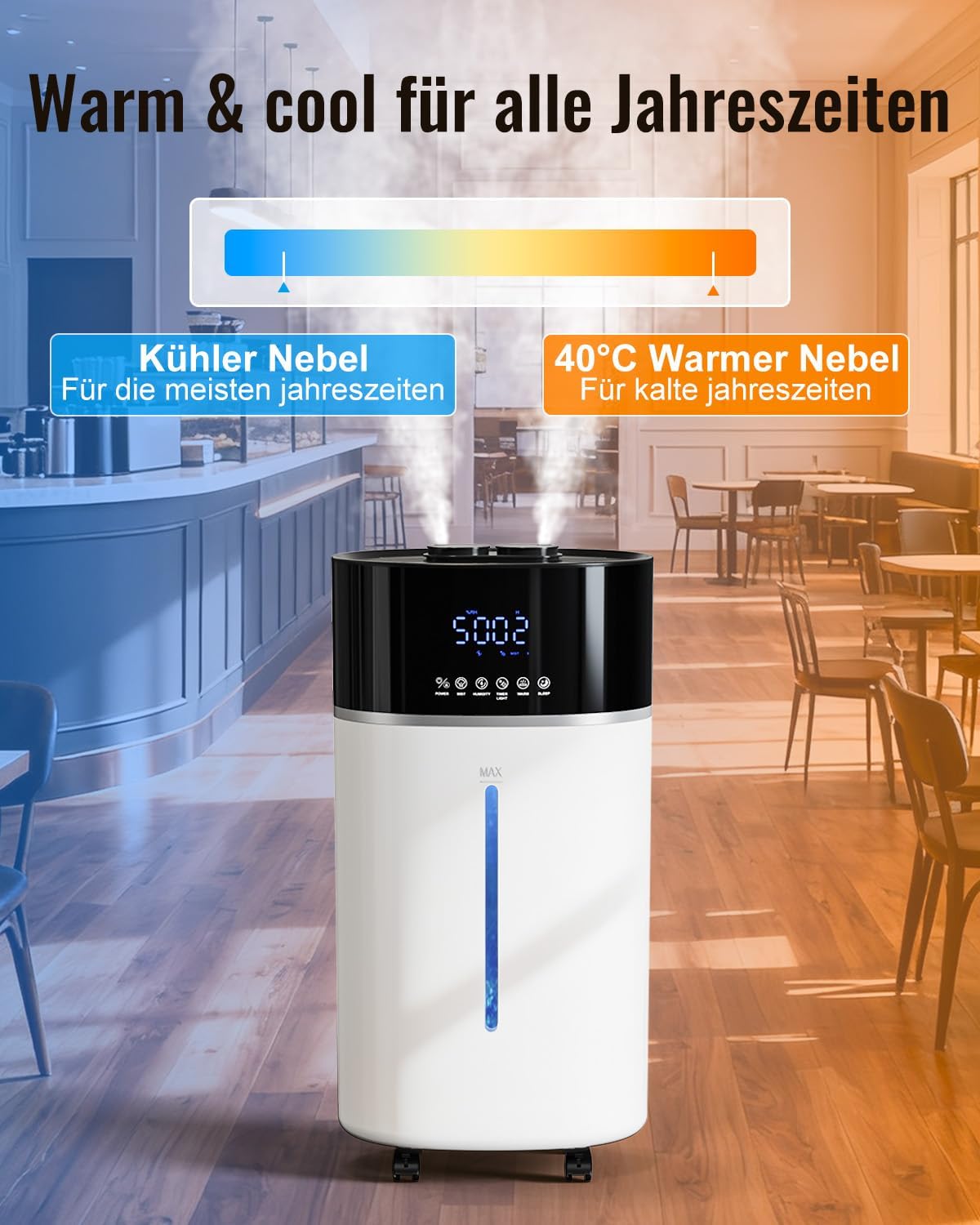 Luftbefeuchter für große Räume, 18 l, warmer und kühler Nebel, Luftbefeuchter bis zu 200 m², Raumbefeuchter für Wohnzimmer, verlängertes Rohr und Doppeldüsen, Ultraschall-Luftbefeuchter, Schlafzimmer/Büro/Pflanzen/gewerblich, Weiß – Bild 3