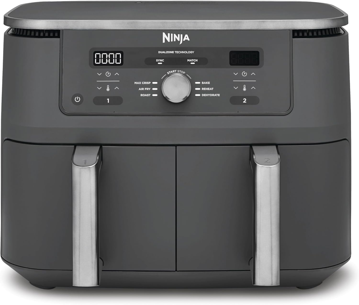 Digitale Dual-Zonen-Luftfritteuse von Ninja, 2 Schubladen, 6-in-1, Heißluftfritteuse, 9,5 l, Heißluftfritteuse, maximale Knusprigkeit, Braten, Backen, Aufwärmen, spülmaschinenfeste Körbe, Metallic-Grau DZ400EU