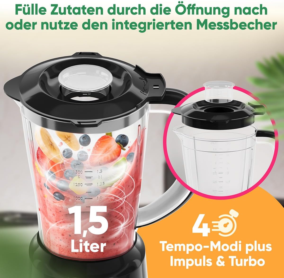 Clatronic UM 3845 Standmixer, 500 W, BPA-frei, 4-Wege-Edelstahlmesser, rostfrei, 1,5 l, Smoothie-Maker, Eis-Crush-Funktion, 3 Stufen, Turbo-Funktion, Deckel mit Nachfüllöffnung – Bild 2