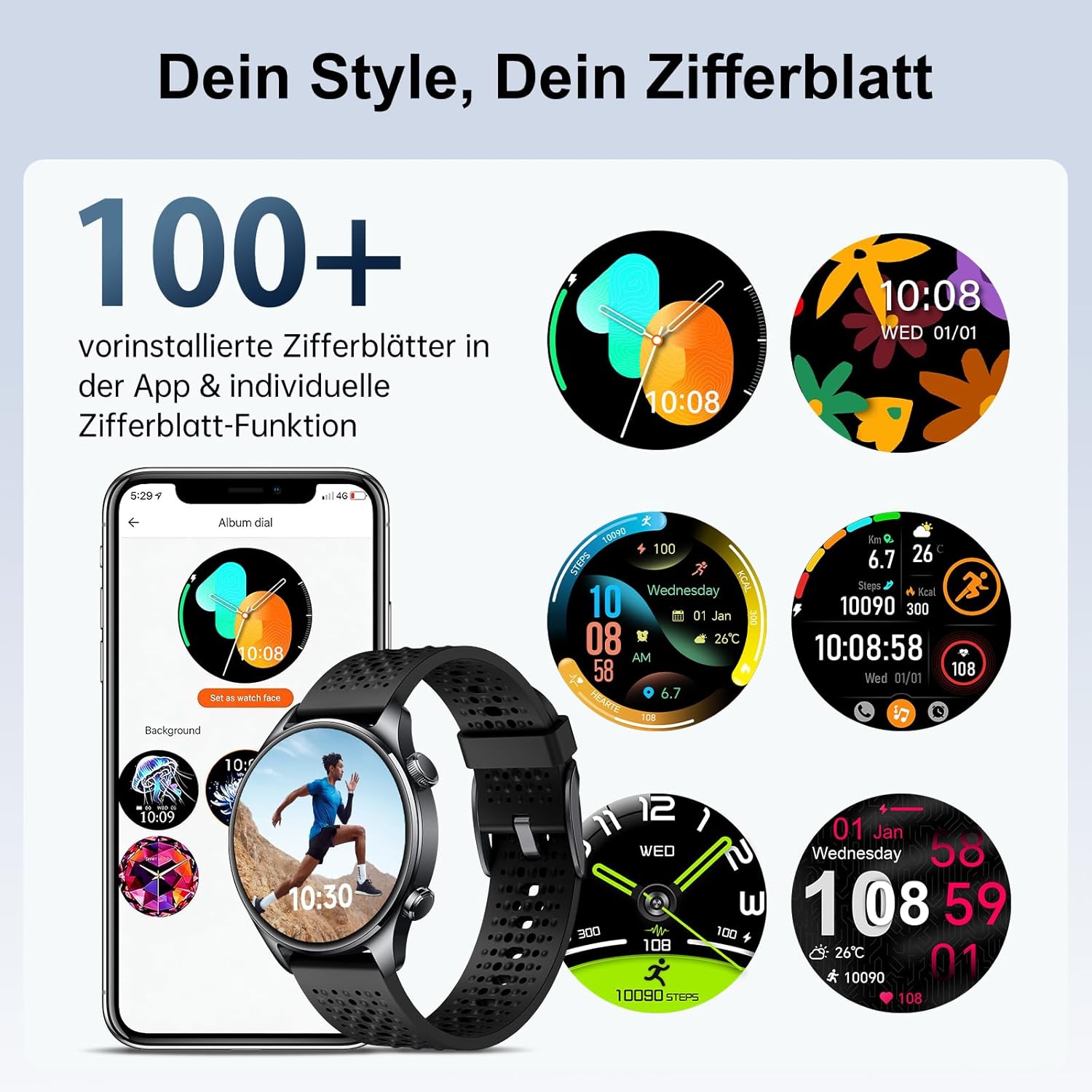 Runde Herren-Smartwatch mit integriertem GPS, 1,43 Zoll AMOLED Always-On-Display, 3ATM wasserdichte Fitnessuhr, 100+ Sportmodi, Herzfrequenz-/SpO2-/Schlafmonitor, Schrittzähler, iOS/Android, Schwarz – Bild 7