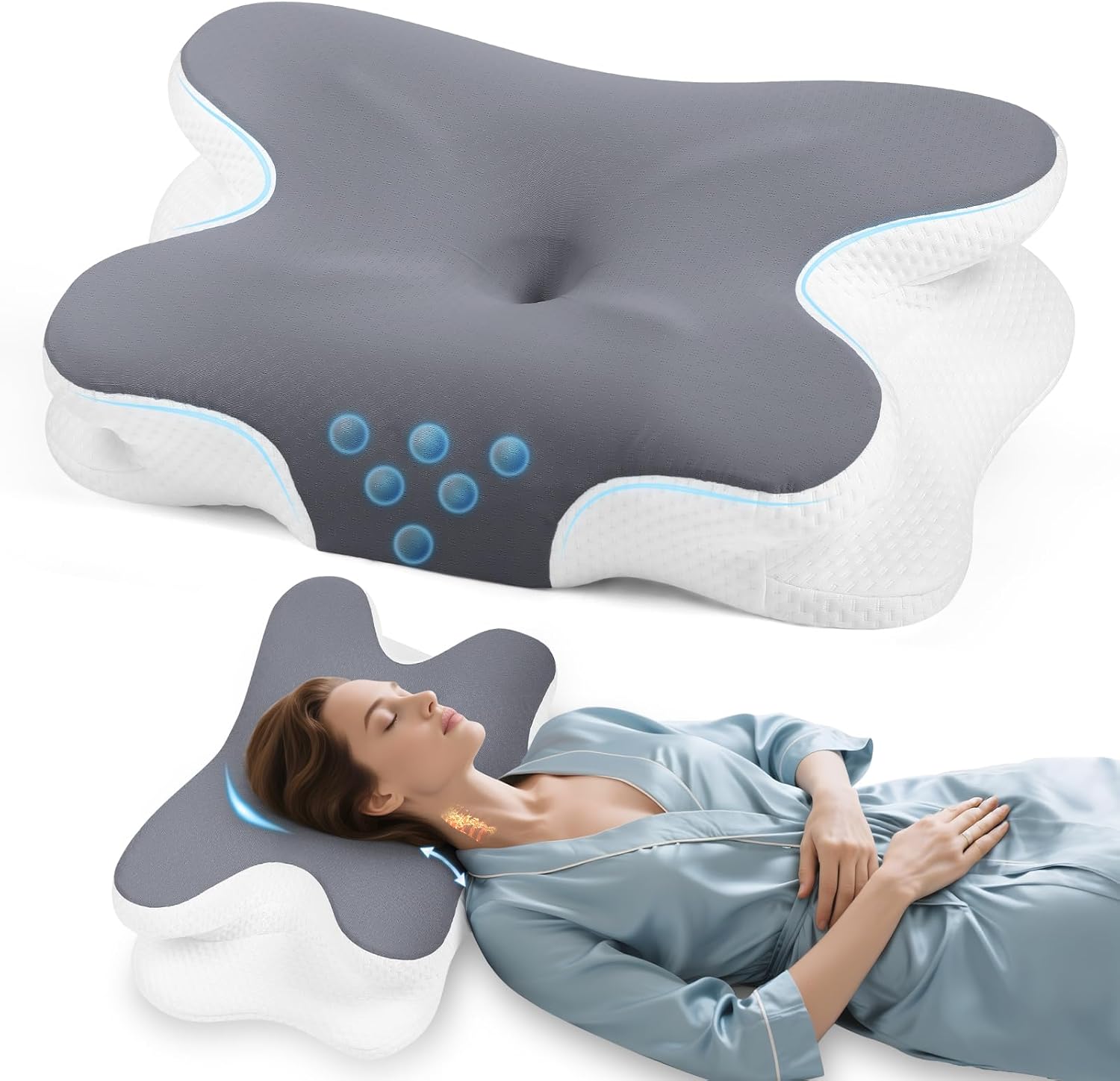 Nackenkissen – Orthopädisches Memory-Schaum-Kissen – ergonomisches Kissen gegen Nackenschmerzen für Seitenschläfer, Rückenschläfer und Bauchschläfer mit Bezug aus Eisseide (dunkelgrau)