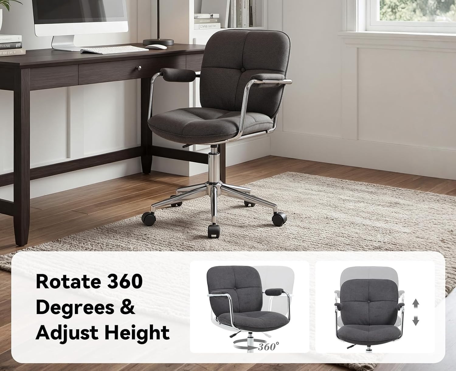 Ya-Home Schreibtischstuhl, Bürostuhl, ergonomisch mit Armlehne, 360° drehbarer Heimbürostuhl, höhenverstellbar, Computerstuhl mit Rollen für Arbeitszimmer, Schlafzimmer, Chenille-Stoff, Grau – Bild 3