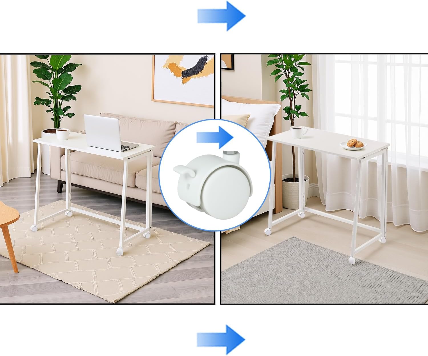 MEUBLE Gemütlicher Klapptisch mit Rollen, kleiner klappbarer Schreibtisch, Laptoptisch aus Holz und Metall, Computertisch für Büro, Wohnzimmer, Heimbüro, skandinavischer Stil, Weiß – Bild 7