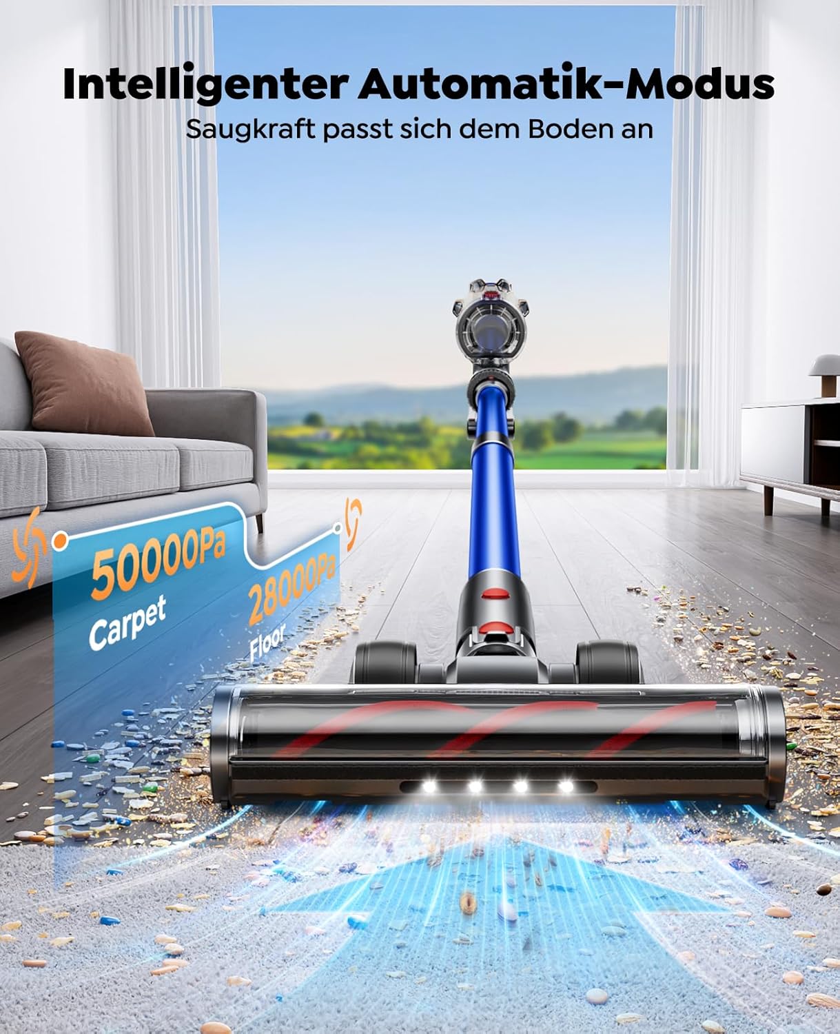 Fieety Akku-Staubsauger mit 2 Akkus, 130 Min/50 Kpa/600 W Staubsauger kabellos mit Aromatherapie, Automatikmodus, Wandladestation, 1,5 m Schlauch für Hartböden, Teppiche, Tierhaare, Auto – Bild 4