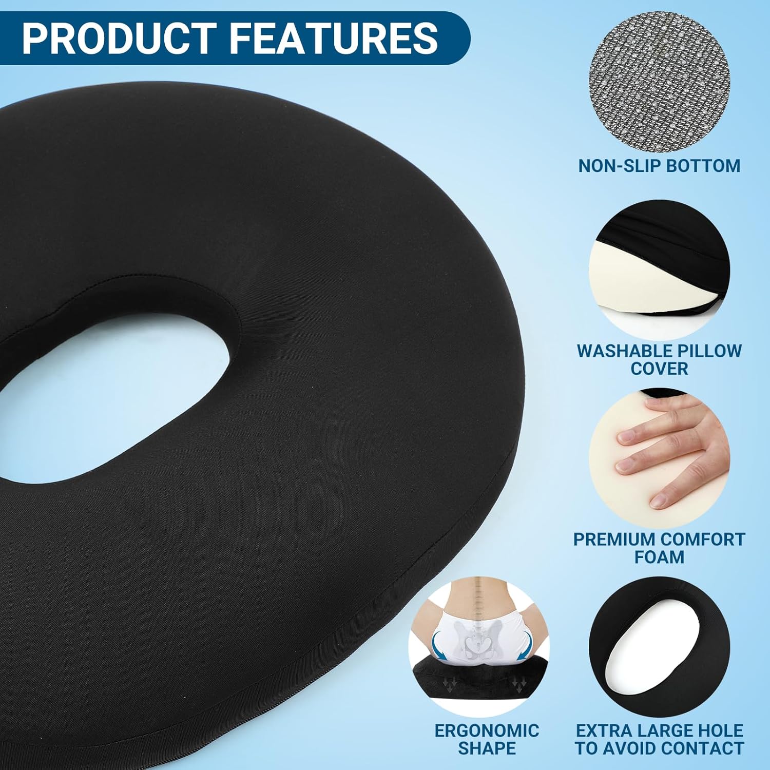 Orthopädisches Sitzkissen, runder Memory-Schaum, Sitzring mit Loch, Donut-Sitzkissen für Hämorrhoiden, Steißbein-Entlastung, Büro, Auto, Rollstuhl – Bild 5