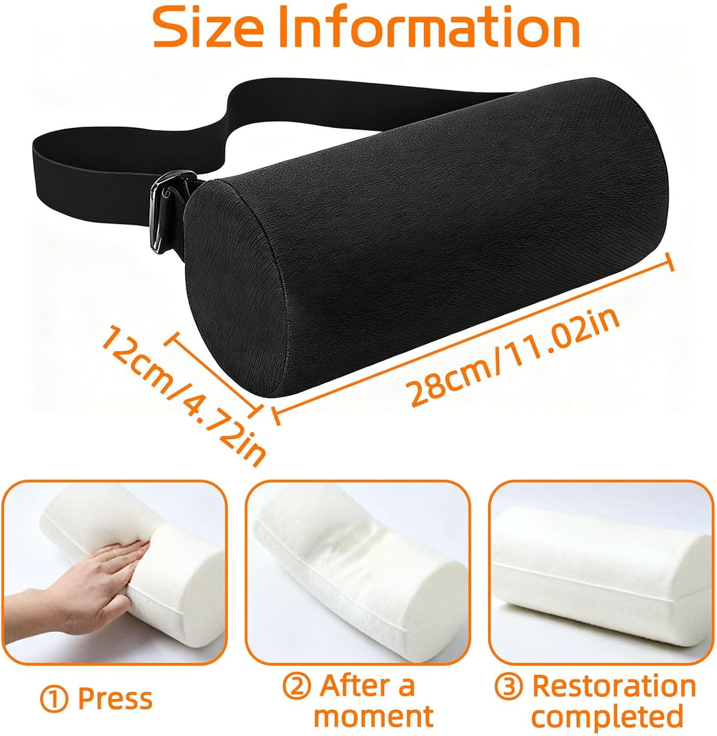 Lendenkissen mit abnehmbarem Gummiband und waschbarem Bezug, schwarzes Nackenrollkissen, Lendenkissen, Memory-Schaum-Rollkissen, ergonomische Nackenrolle, Rückenstützrollen für Autostuhl, Reisen – Bild 5