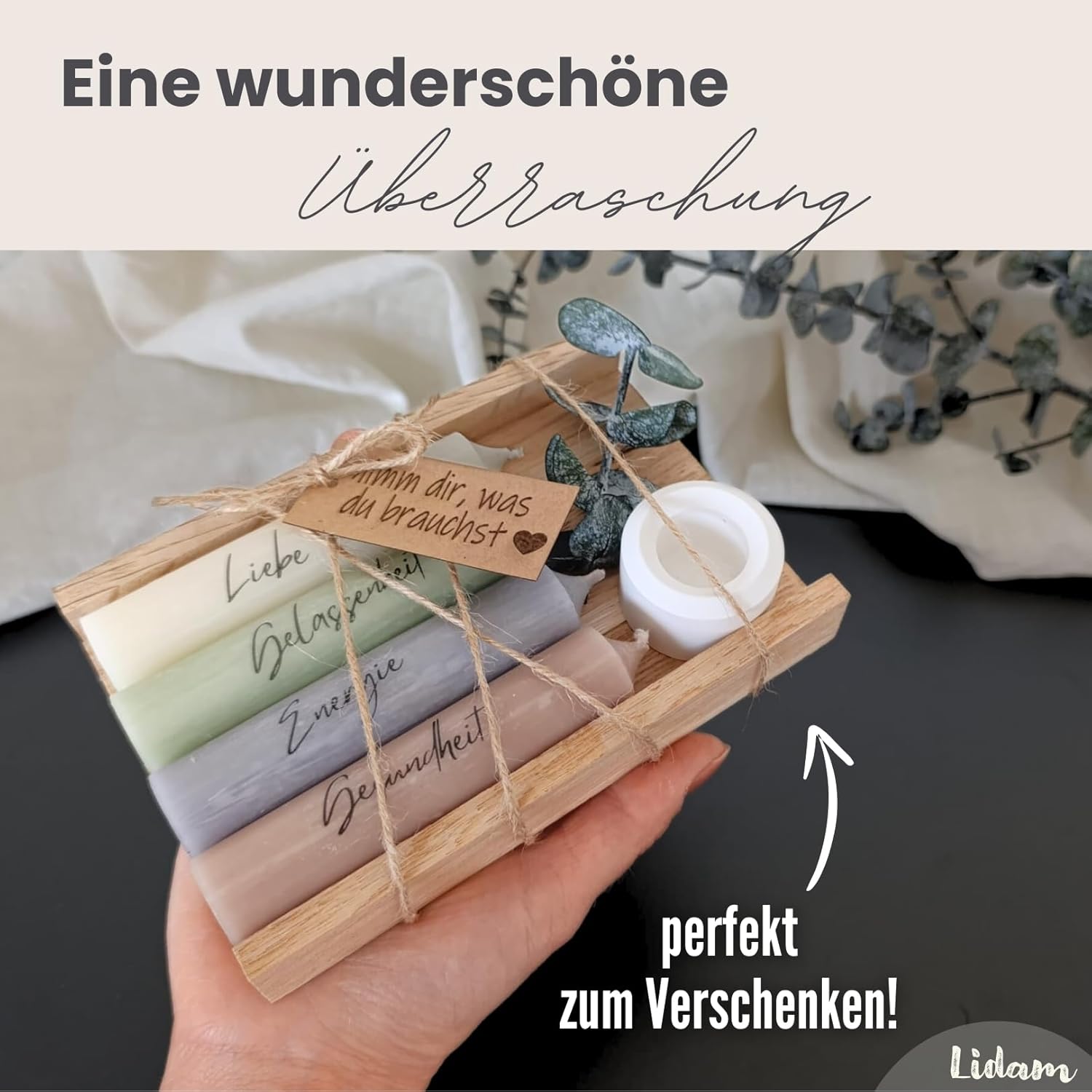 Kerzen-Geschenkset, Geburtstagsgeschenk für Frauen oder Freundin | Nehmen Sie, was Sie brauchen | Kleines Geschenk | Kerzenhalter aus Holz mit Kerzendekoration und Eukalyptus – Bild 3