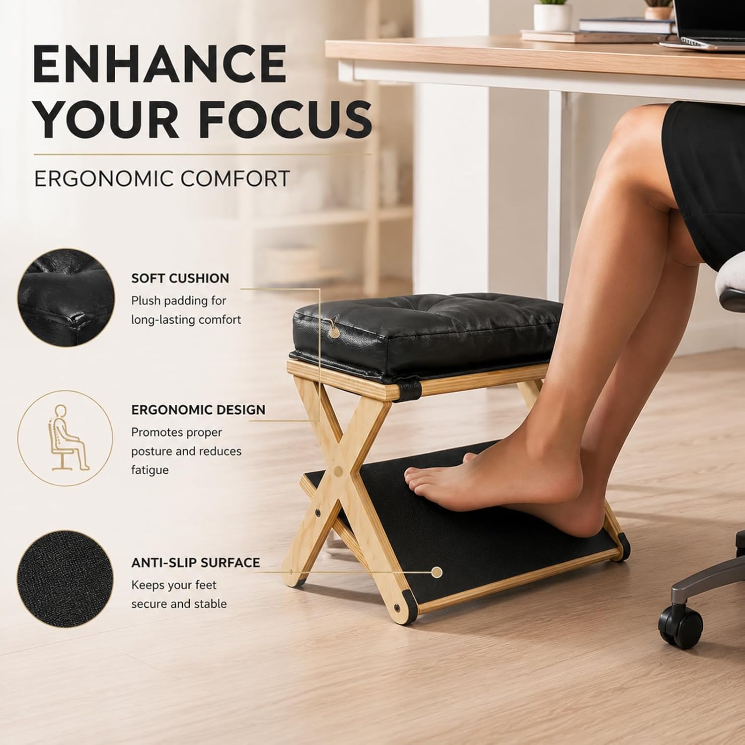 Yuragim 2-in-1 Fußstütze Schreibtisch Ergonomisch aus Holz mit abnehmbarem Polster, Fußablage Höhenverstellbar Rutschfest, Fußhocker Fußbank für Büro Home Office Wohnzimmer Schlafzimmer Schwarz – Bild 3