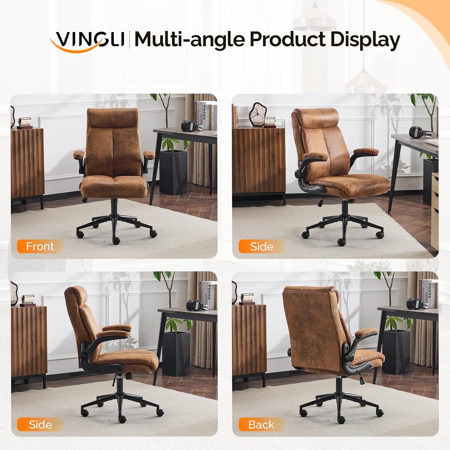 Bonnlo Ergonomischer Bürostuhl, Schreibtischstuhl mit hochklappbarer Armlehne, Computerstuhl, Drehstuhl, Wippfunktion 105°-120°, höhenverstellbar, drehbar, 150 kg belastbar (Mikrofaser, Braun) – Bild 9