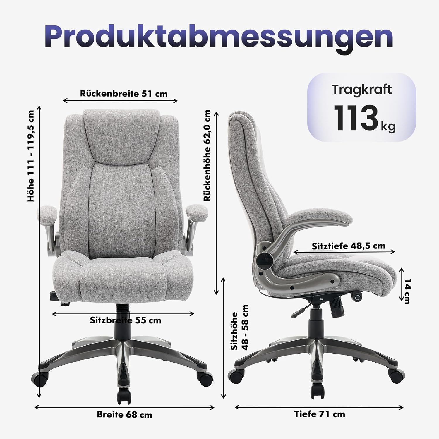 COLAMY Ergonomischer Bürostuhl, Chefsessel mit hoher Rückenlehne, ergonomischer 360°-Drehstuhl für Büro, Schreibtischstuhl, Stoffstuhl mit verstellbarem Neigungsverschluss, Grau – Bild 3