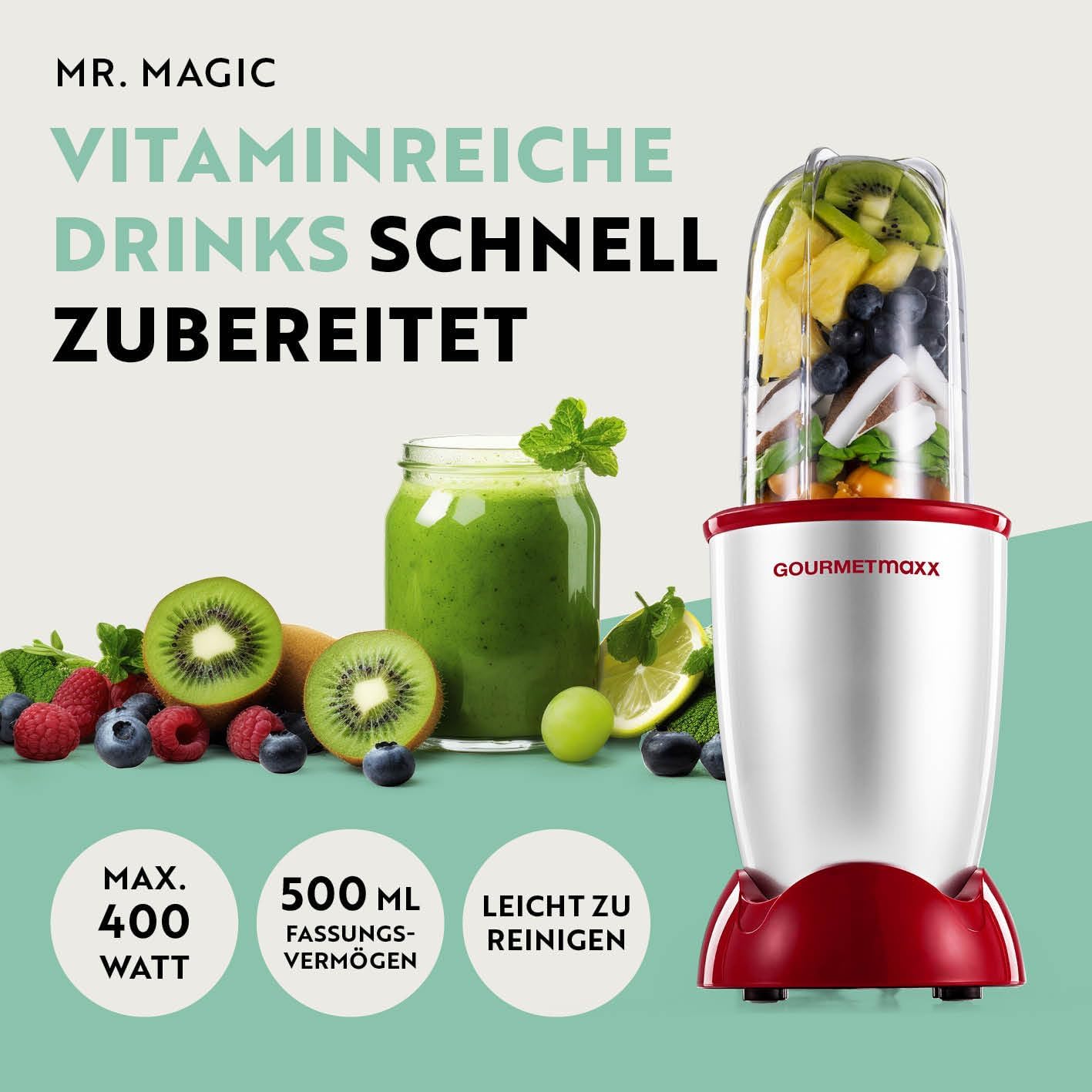 GOURMETmaxx Mr. Magic 4-teiliger Mixer, Smoothie-Maker mit 400-W-Power-Basis, inklusive Kreuzmesseraufsatz, 500-ml-Becher und To-Go-Deckel, kompakter Standmixer für Shakes und mehr – Bild 2