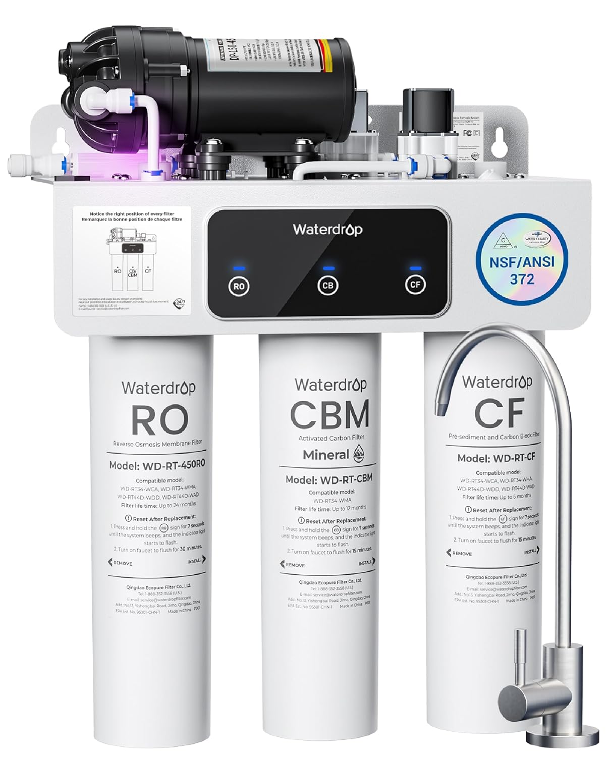 Waterdrop T3-M Remineralisierungs-Umkehrosmosesystem, NSF/ANSI 372-zertifiziert, 9-stufiger RO-Wasserfilter, 450 GPD Tankless-Wasserfiltersystem, 2:1 rein zum Abfluss, Stromanschluss erforderlich