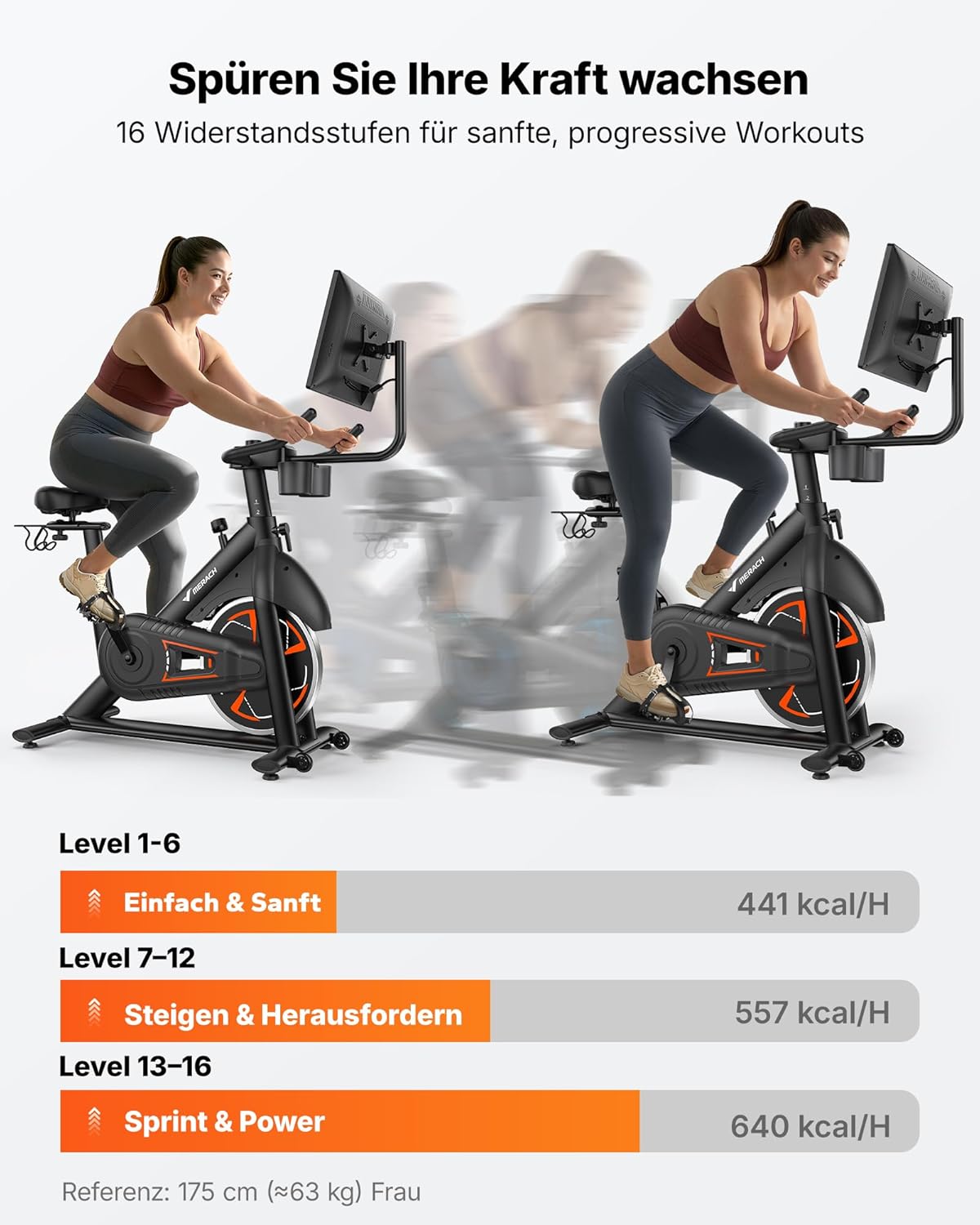 MERACH Heimtrainer Fahrrad mit 21,5" drehbarem FHD-Bildschirm, Leises Heimtrainer Fahrrad mit automatischem Widerstand, verstärkter H-Rahmen, stoßdämpfender Luftkissensattel, eigene App, bis 150 kg – Bild 7
