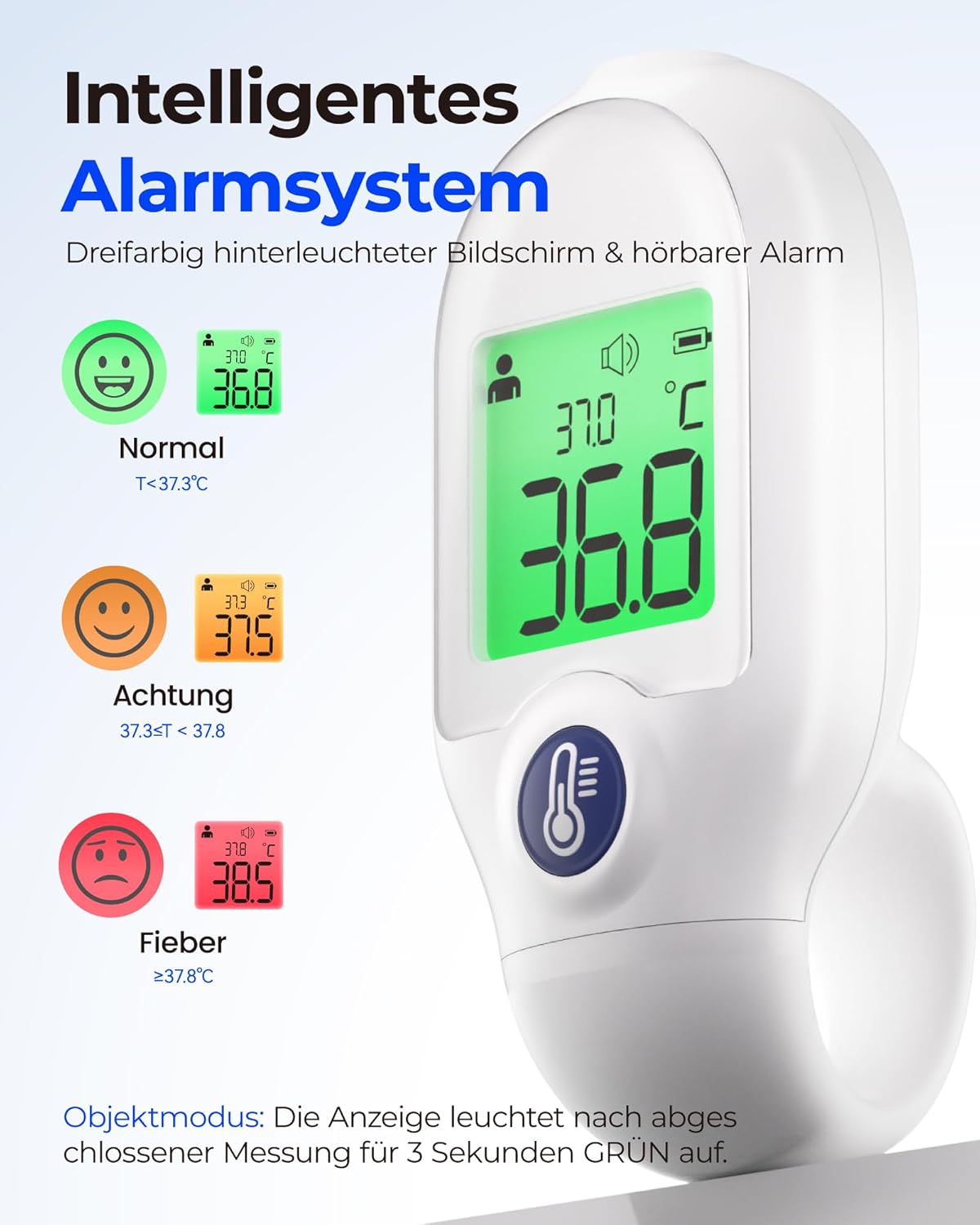 Femometer Fieberthermometer für Babys, Kinder und Erwachsene, kontaktlos, Infrarot, Messung in 1s, dreifarbiges Display, Objekt- und Raumtemperatur, tragbar für den Reisegebrauch, Fieberwarnung, weiß – Bild 7