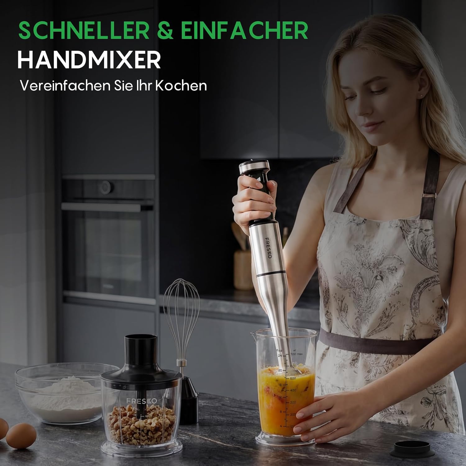 FRESKO Stabmixer 1000 W mit Zubehörset, Pürierstab aus Edelstahl inklusive Schneebesen, 500 ml Lebensmittelzerkleinerer, Messbecher mit Deckel und Schutzhülle, stufenlose Geschwindigkeiten für Smoothies, Suppe – Bild 2